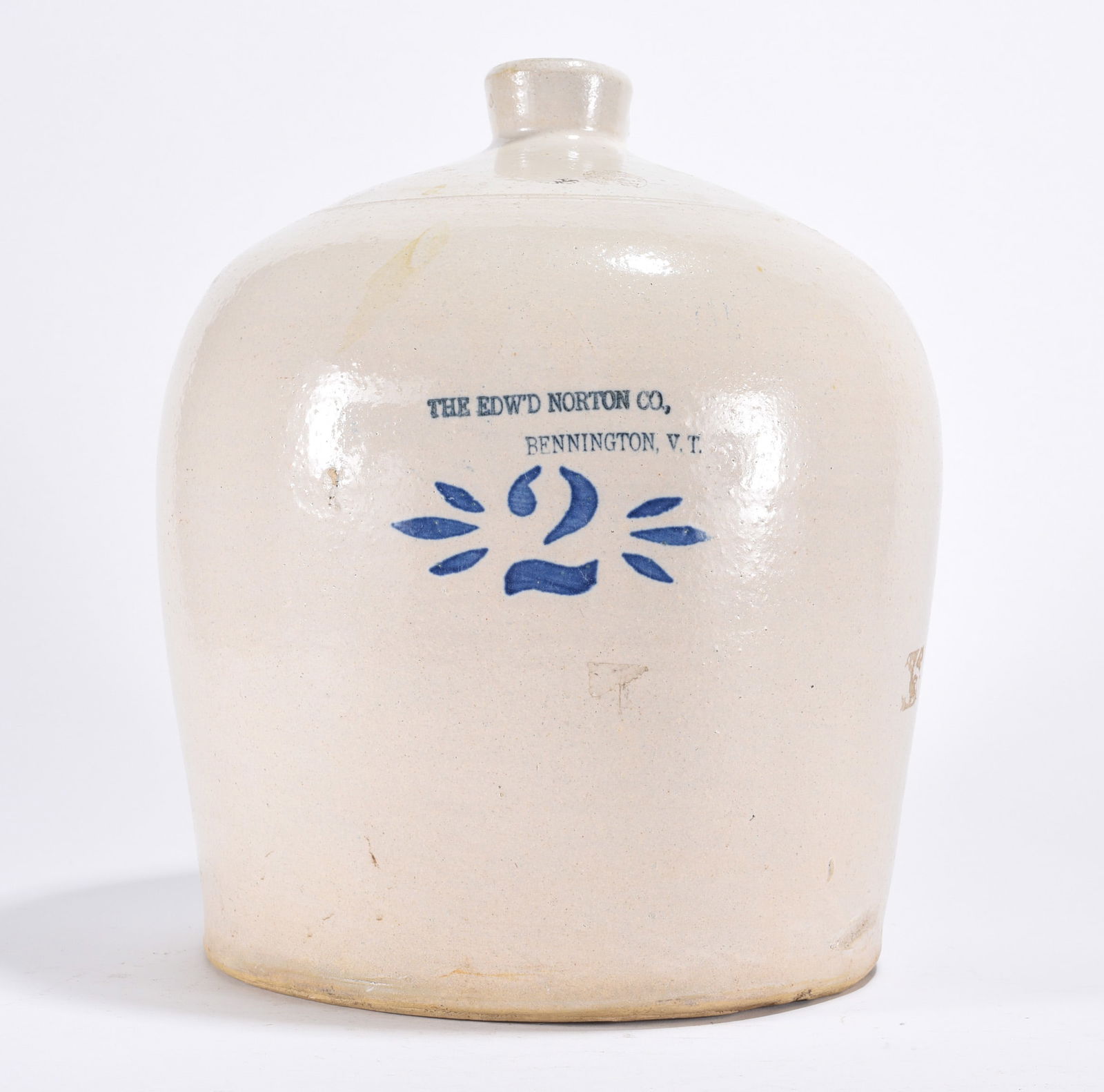 E.D. W.D. Norton Co. Bennington VT 2 Gallon Pottery Jug: Pottery jug. "THE EDW'D NORTON Co., BENNINGTON, V.T." "2" in blue.