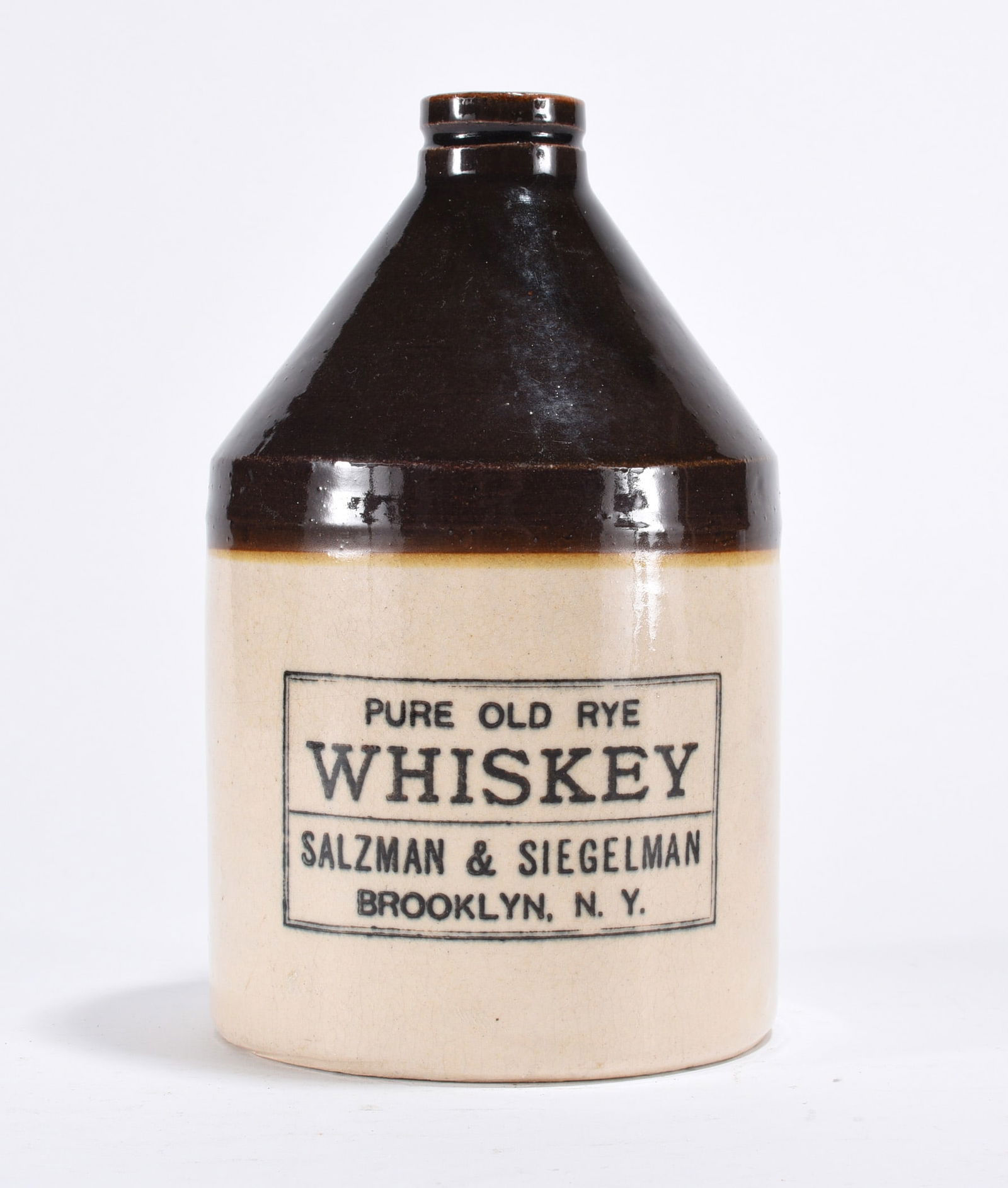 Salzman & Seigelman Brooklyn NY Advertising Jug: Advertising whiskey jug. "SALZMAN & SIEGELMAN" Salzman & Siegelman was a prominent, Jewish-owned wholesale and retail liquor operation in Brooklyn, New York, during the pre-Prohibition era.