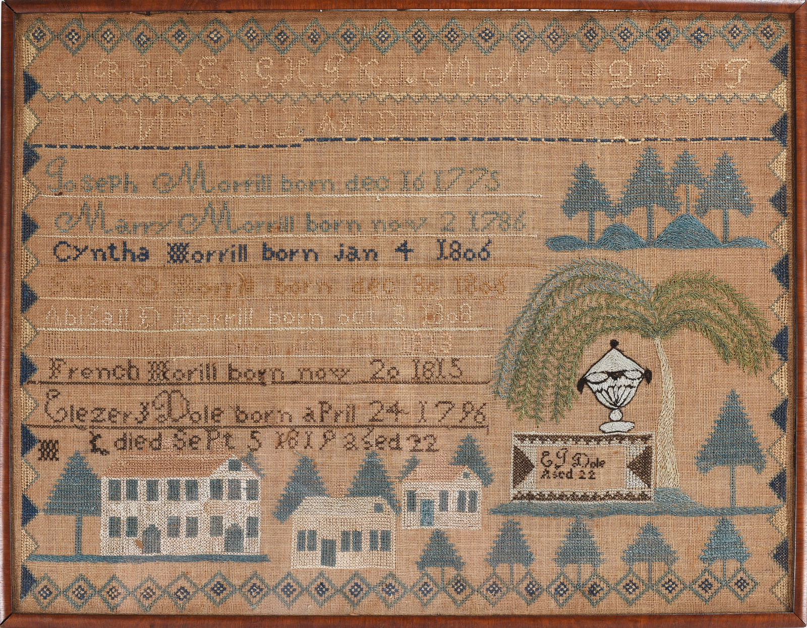 Danville VT Mourning Sampler Eleazer Dole 1819: Danville VT Mourning Sampler Eleazer Dole 1820. Eleazer Johnson Dole born April 24th 1796, died Sept 5 1819. born in Bedford New Hampshire and daied at age 23 with burial records foun in Danville VT.