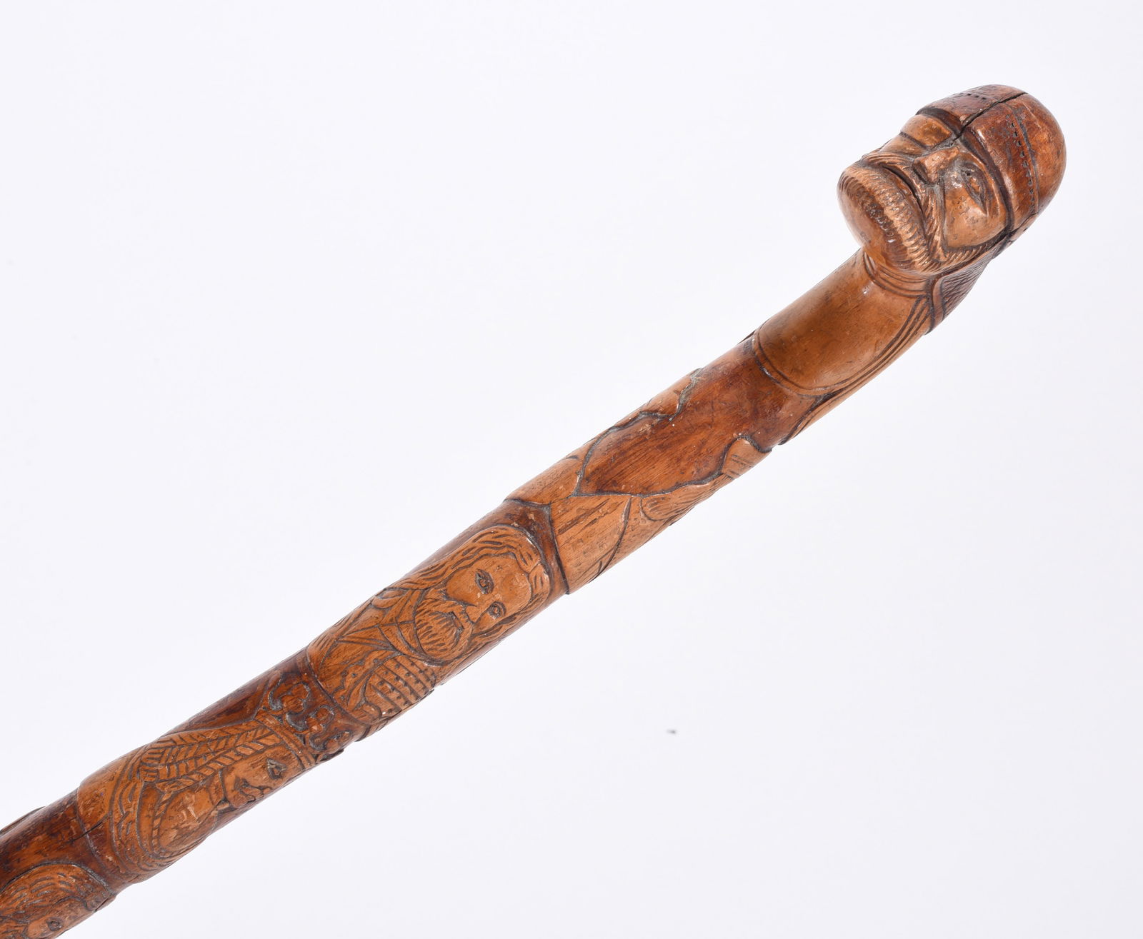 Outstanding Folk Art Carved Peoples Cane: ca. 1860-1880 carved folk cane with important subjects. Vikings or kings. A great example of carved work.