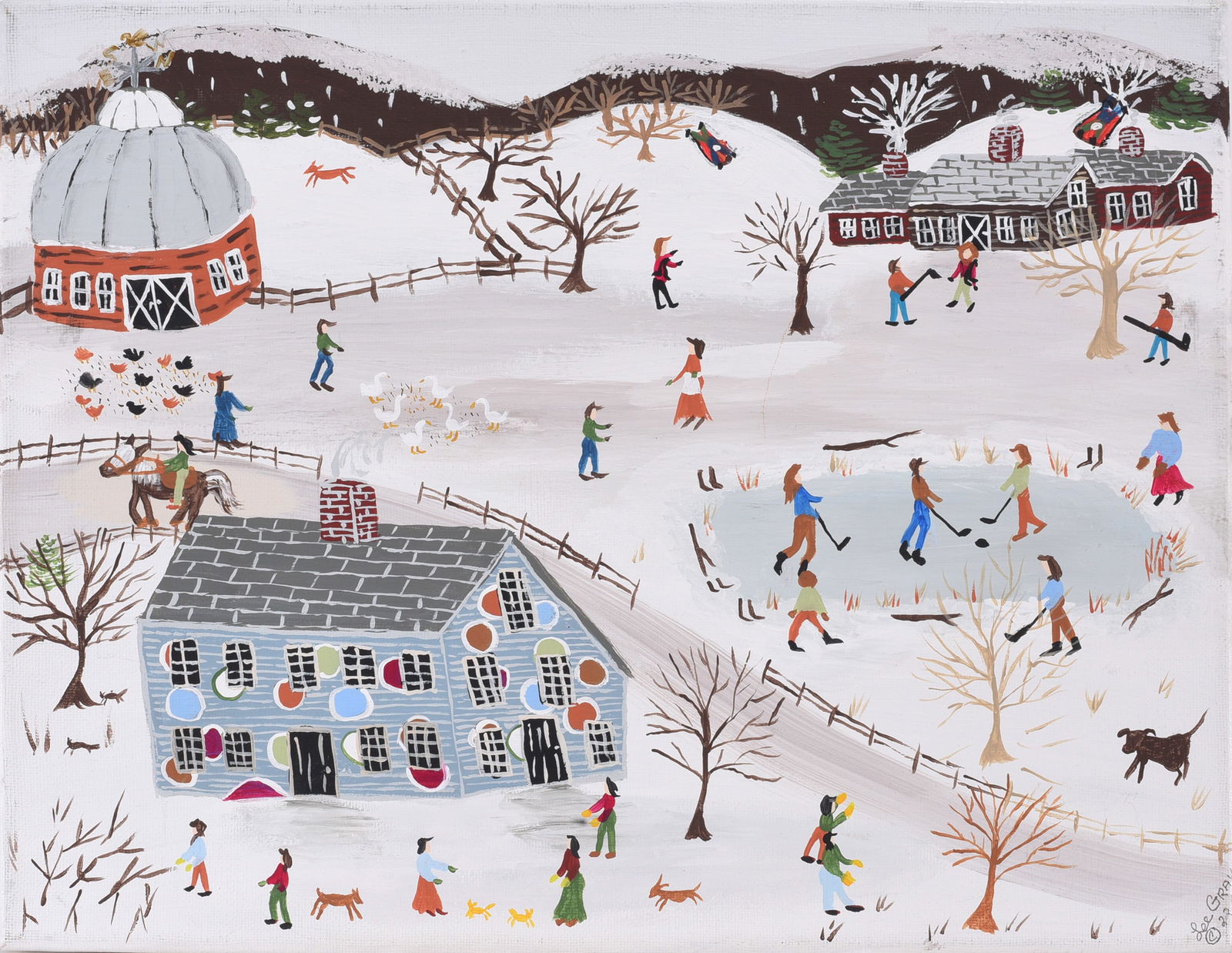Lee Gray Folk Art Painting: paint on canvas signed. Lee Gray is a self taught artist. Learned to paint from watching her Grandmother. Influenced by grandma Moses, Charles Wysocki, and Jan Munro. Lee enjoys hearing what people sa