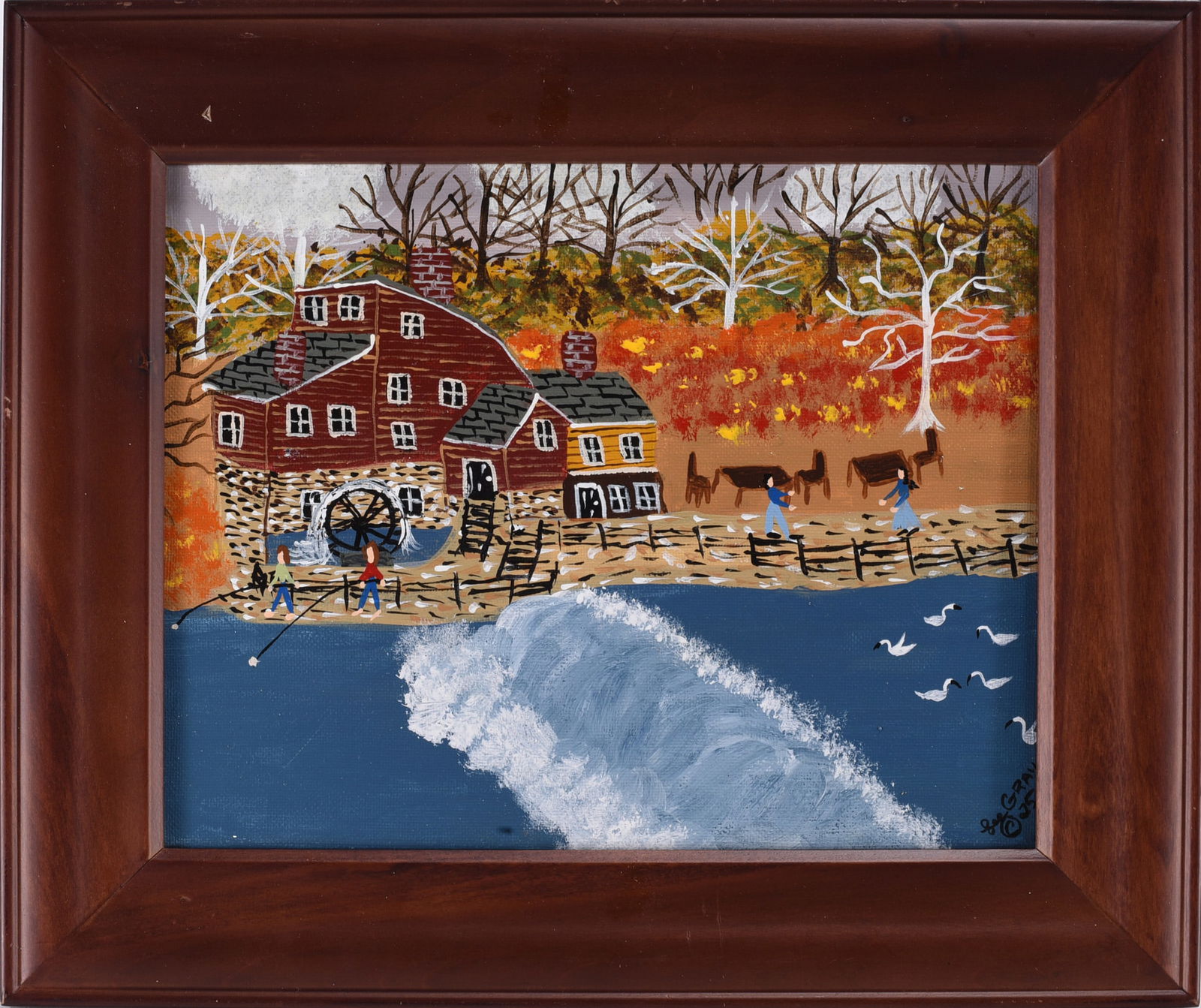 Lee Gray Folk Art Painting: paint on canvas signed. Lee Gray is a self taught artist. Learned to paint from watching her Grandmother. Influenced by grandma Moses, Charles Wysocki, and Jan Munro. Lee enjoys hearing what people sa