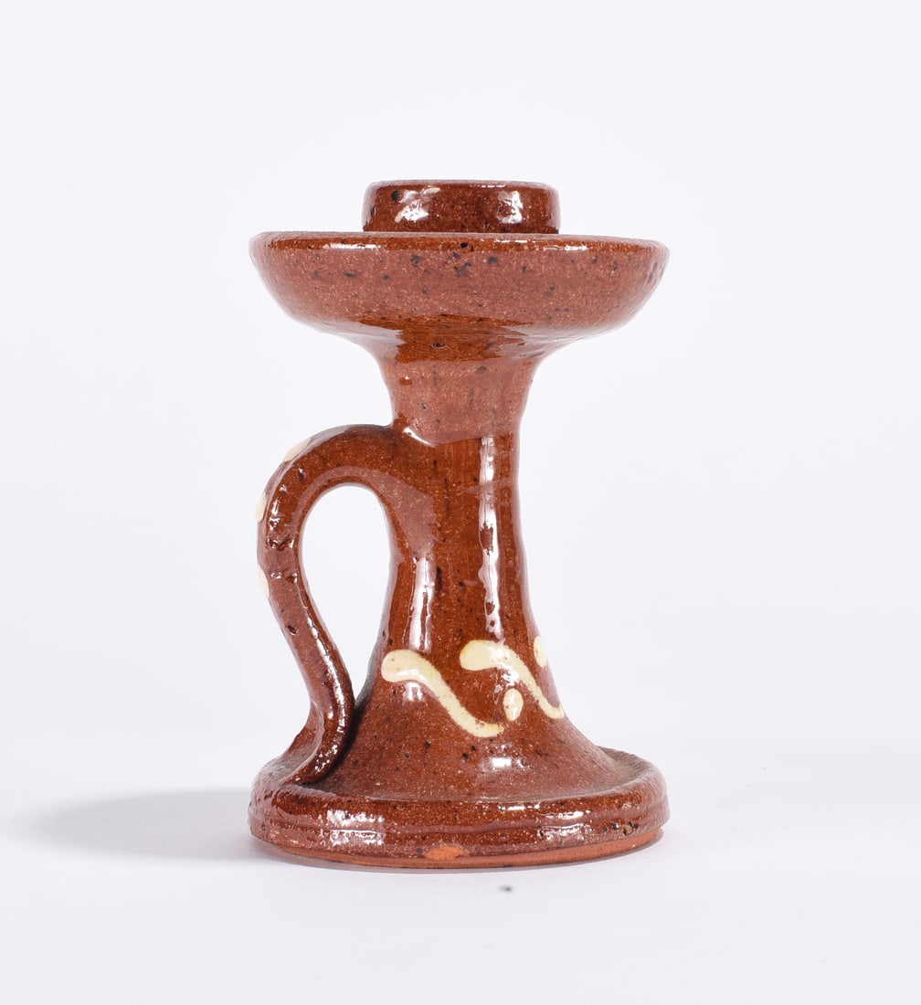 Redware Pottery Candle Stick Slip Decorated Age Uknown: Redware Pottery Candle Stick Slip Decorated Age Uknown