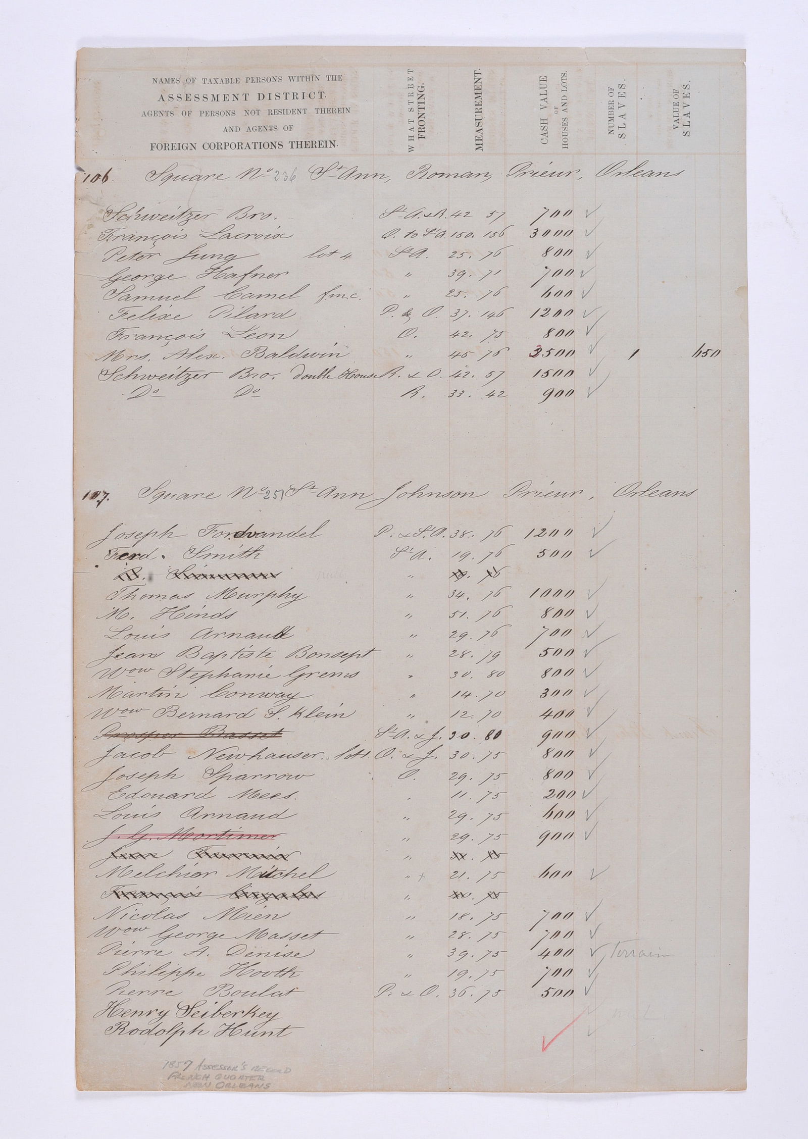 New Orleans Negro Slave Tax Assessment (1 of 2)