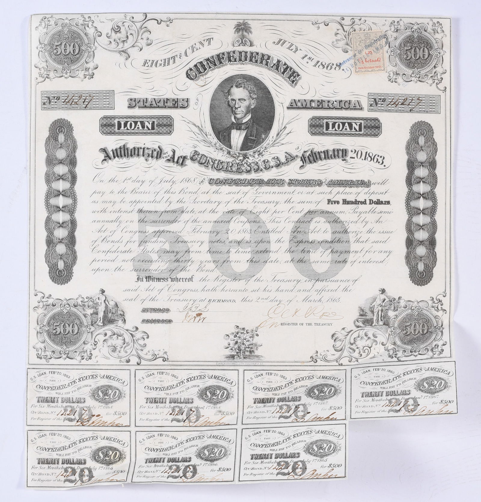 $500 Civil War Confederate Bond (1 of 2)