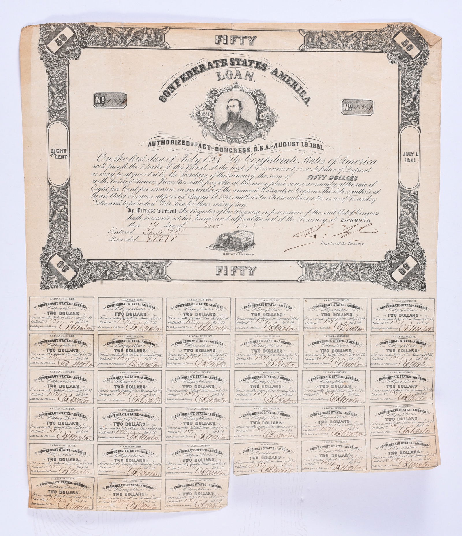 $50 Confederate Civil War Bond (1 of 2)