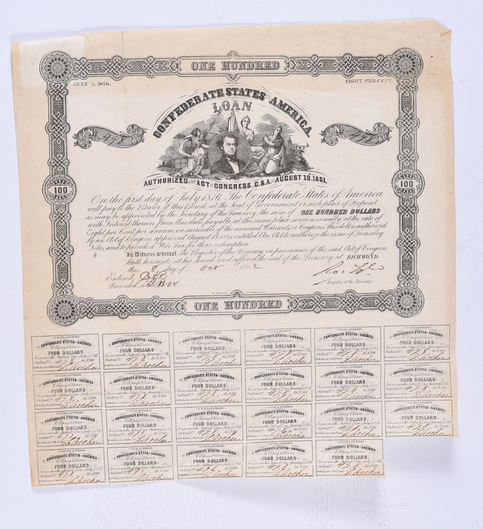 Confederate Civil War $100 Bond - Judah Benjamin (1 of 2)