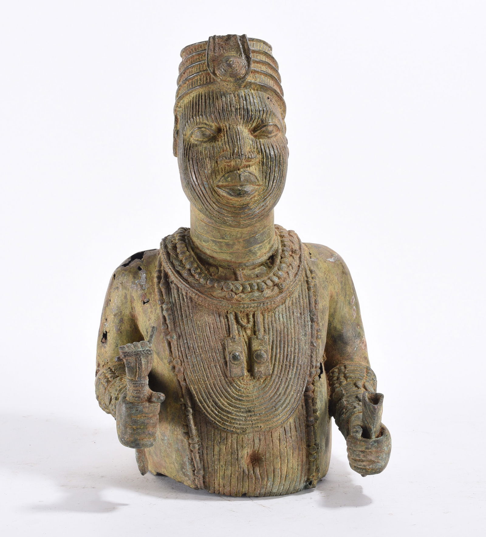 15th Century Ife Bronze Sculpture of a King: wearing a beaded crown and elaborate beaded necklaces symbolizing royal power and divine authority. 19"