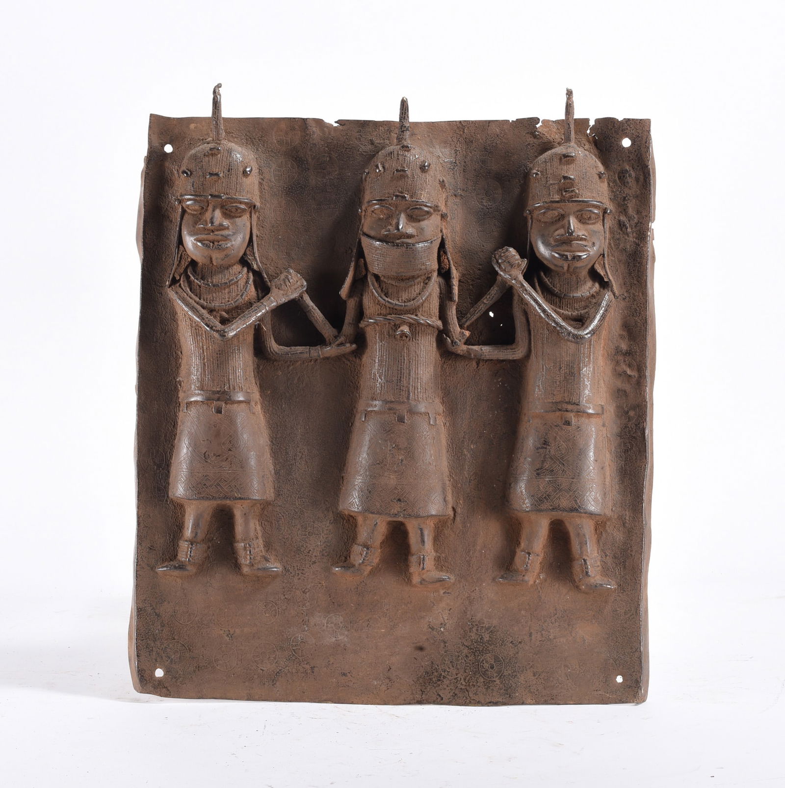 17th Century Benin Kingdom Bronze Plaque: plaque from the Banin Empire. Originally, approximately 900 of these plaques adorned the pillars of the Royal Palace of the Oba in Benin City.