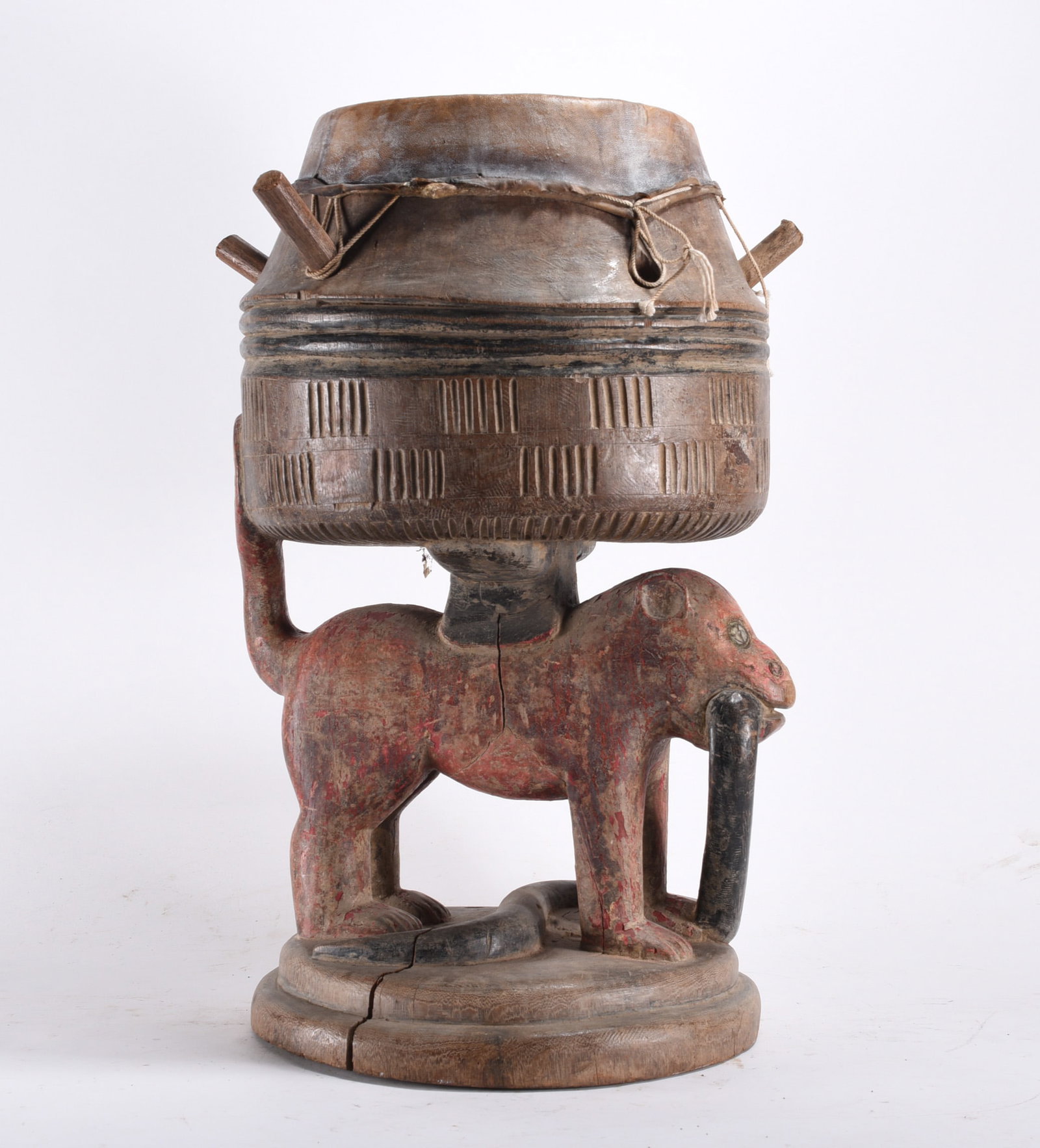 Antique African Carved Tribal Drum: Ancient African Art Wood Carving 24"