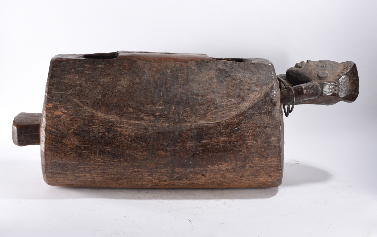 Antique African Wooden Slit Drum Mondo Lukumbi: African wooden slit drum, often referred to as a mondo or lukumbi depending on the region and tribe, such as the Mongo or Yaka peoples, Ancient African Art Wood Carving 39"