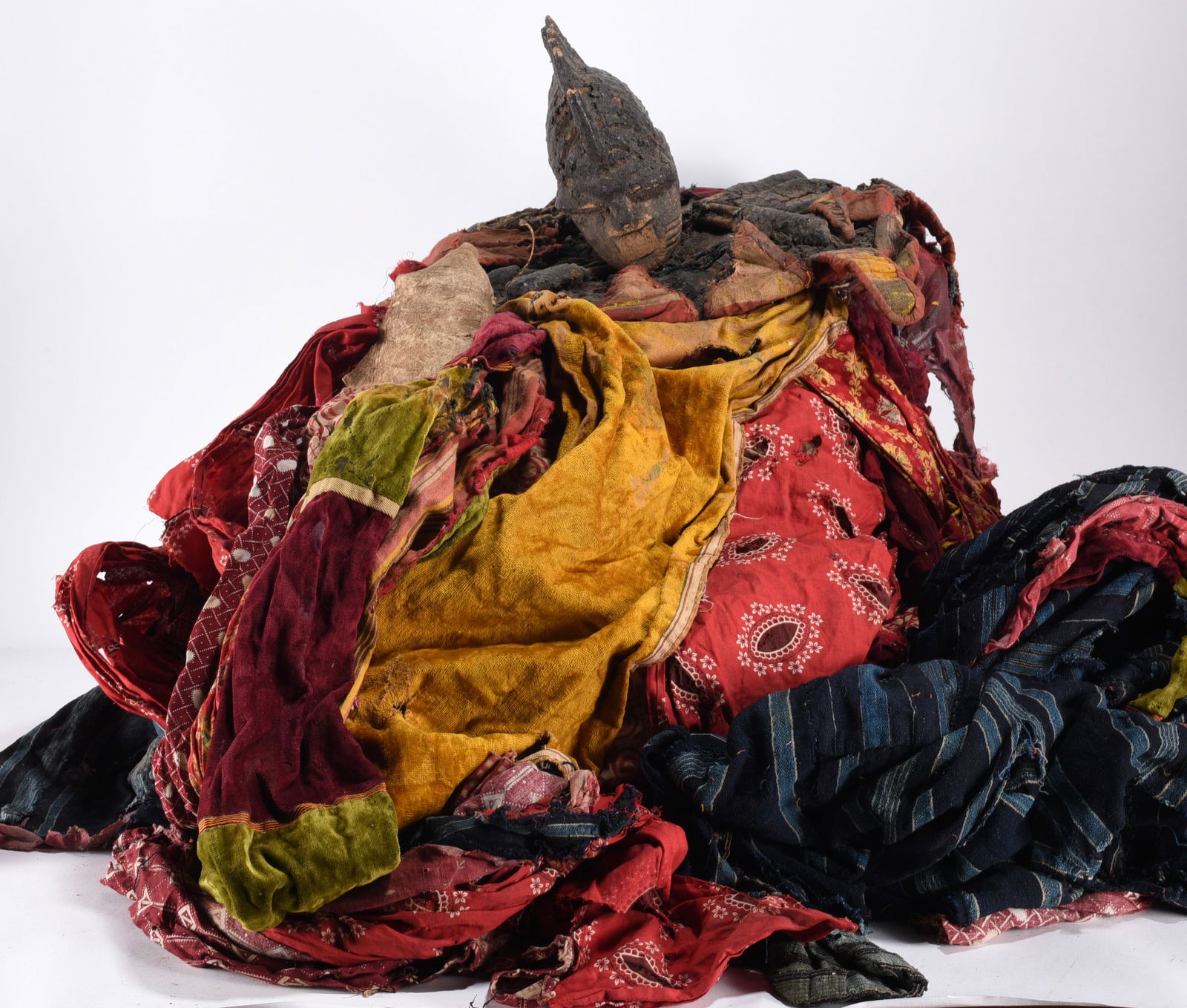 Yorùbá Egúngún Masquerade Dance Costume, originating from Nigeria: Yorùbá Egúngún Masquerade Dance Costume, originating from Nigeria, Ancient African Art Wood Carving Head 7" total 79"