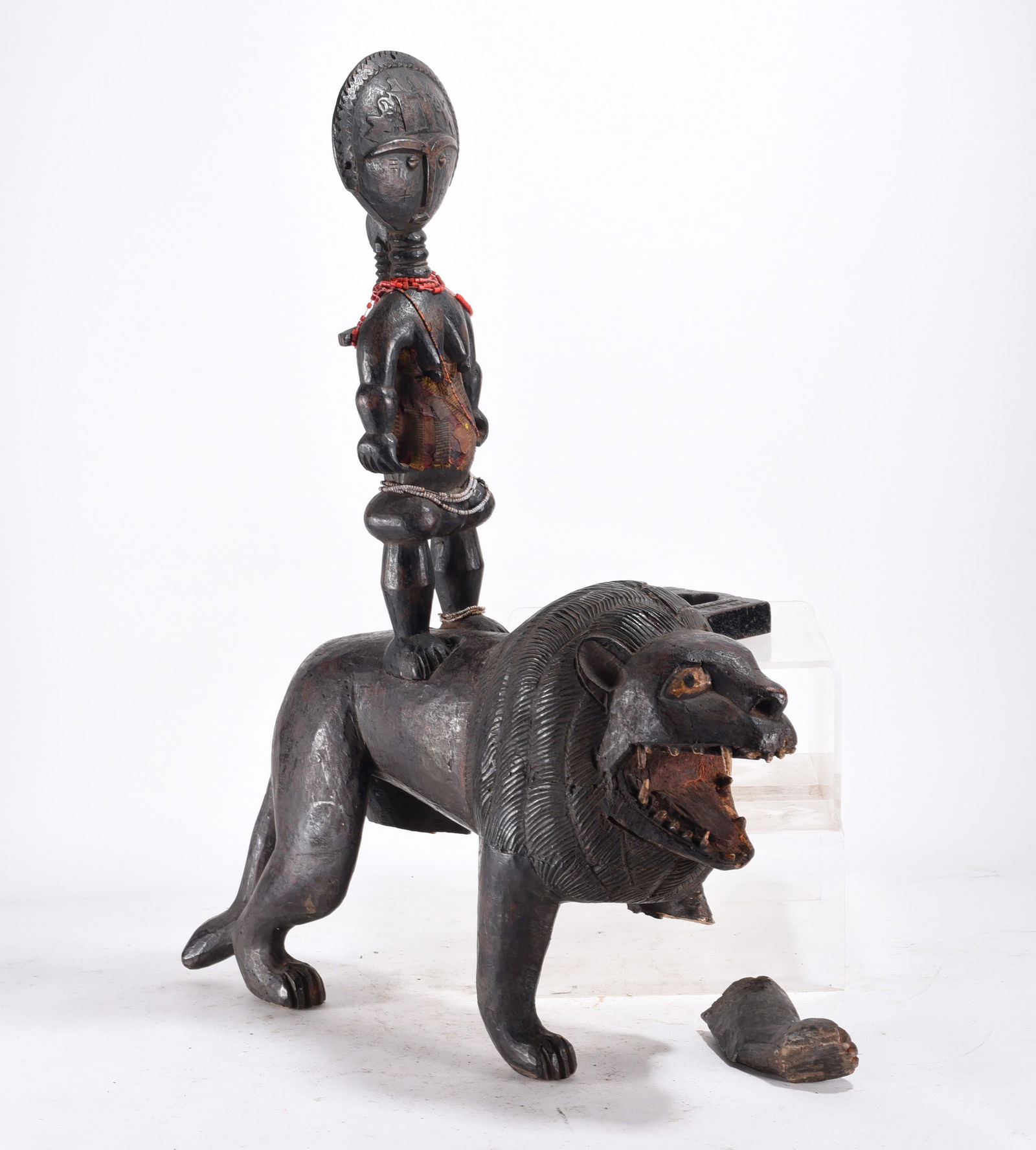 Antique Wooden Carved Makonde Hunter: Makonde wood carving titled "The Hunter with the Lion", Ancient African Art Wood Carving 28"