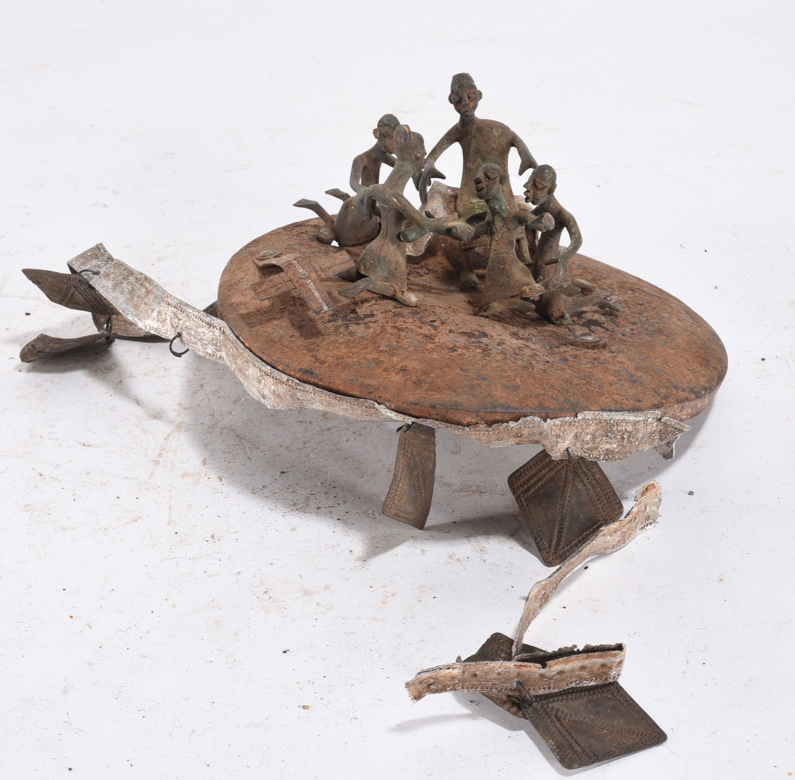 Antique Bronze African Figural Sculpture: Antique Brass or bronze figural sculpture ceremonial scene from West Africa. Ancient African Art Wood Carving 4" tall 9" diameter