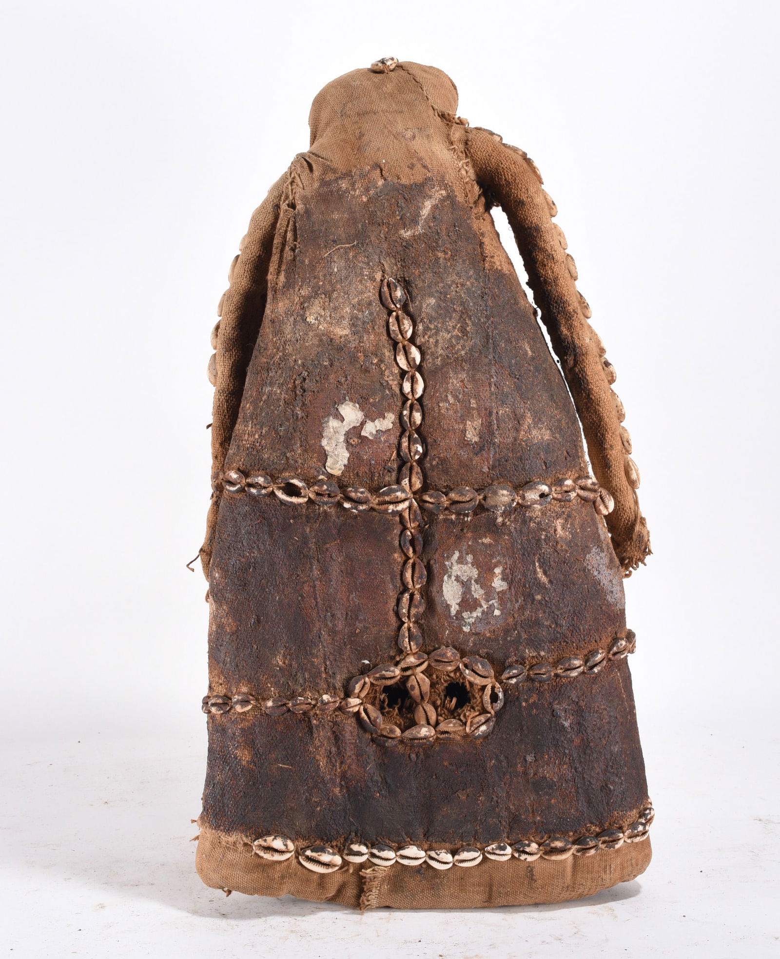 Antique African Carved Ceremonial Item: a ritual or ceremonial item from the Democratic Republic of the Congo, featuring a fabric cover adorned with cowrie shells, Ancient African Art Wood Carving 24"