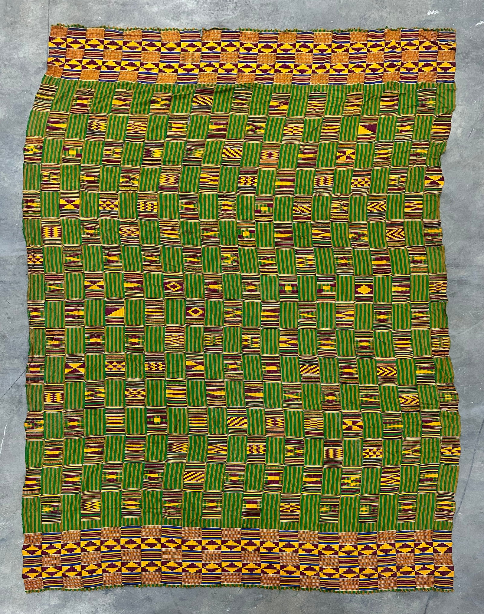 Hand Woven Ghanaian Kente Cloth: a prestigious textile representing Akan cultural sophistication and wealth. size - 122" x 78"