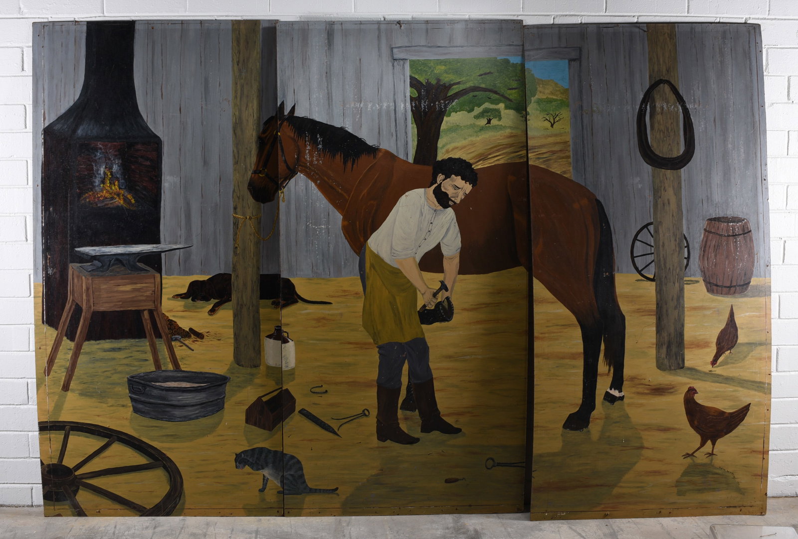 Large Triptic Painting of Black Smith: Large Triptic Painting of Black Smith