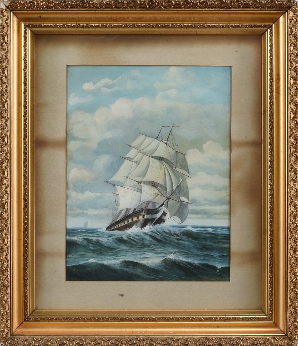 Painting of Ship on Paper Framed: Painting of Ship on Paper Framed