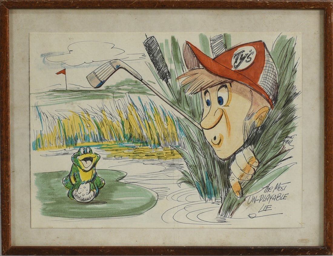 Mixed Media on Paper Golf Cartoon Original Art: Mixed Media on Paper Golf Cartoon Original Art