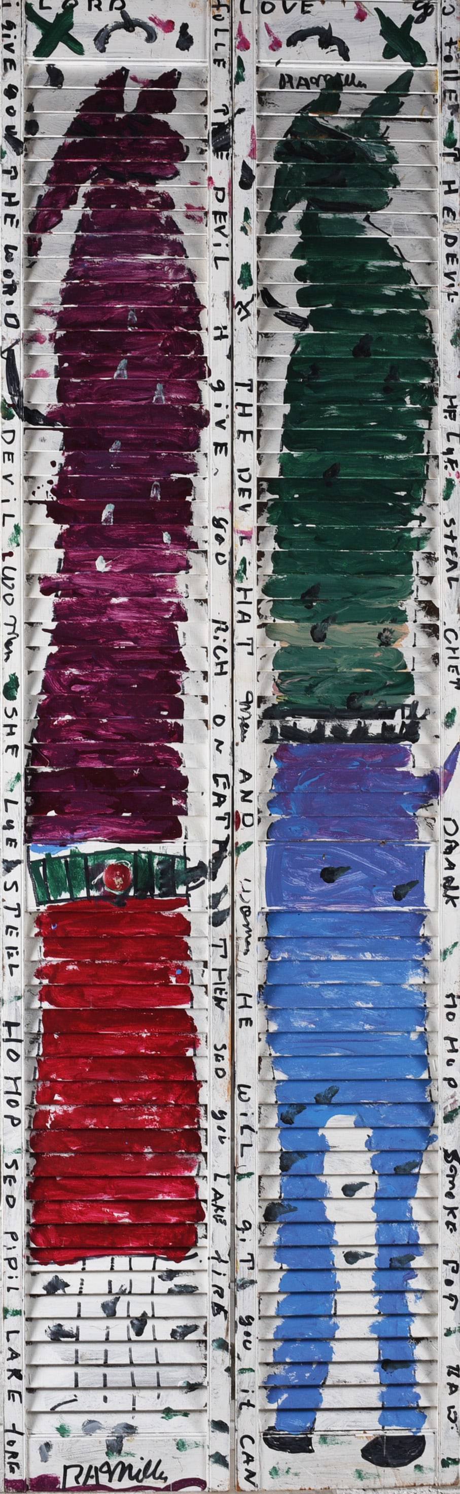 RA Miller Large Painting on Window Shutters: RA Miller Large Painting on Window Shutters R. A. Miller (American, 1912–2006, Georgia) was a self-taught folk artist known for whirligigs, metal cutouts, paintings, and yard art.