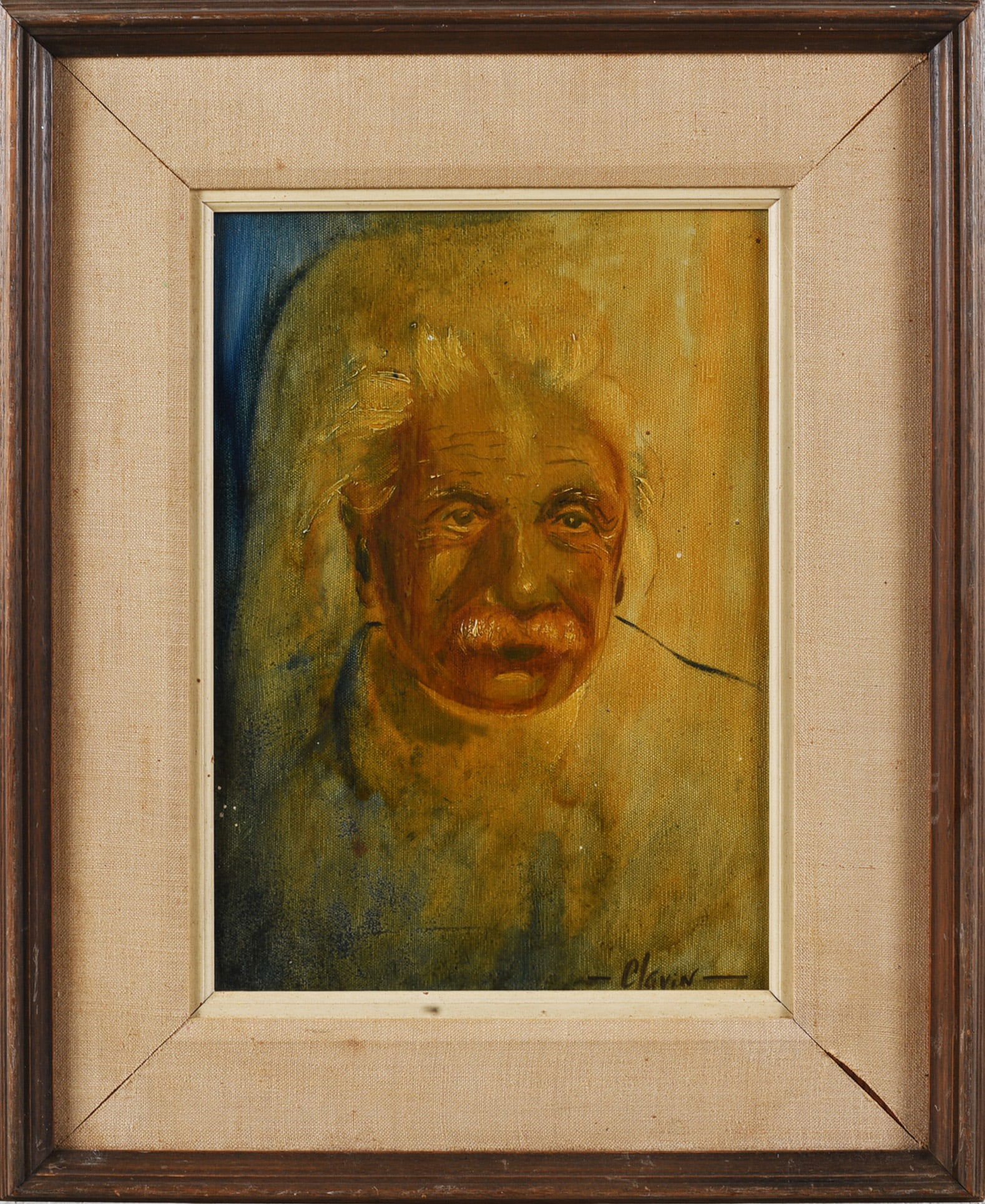 Painting of Albert Einstein by Clavin: Painting of Albert Einstein by Clavin American folk or self-taught work.