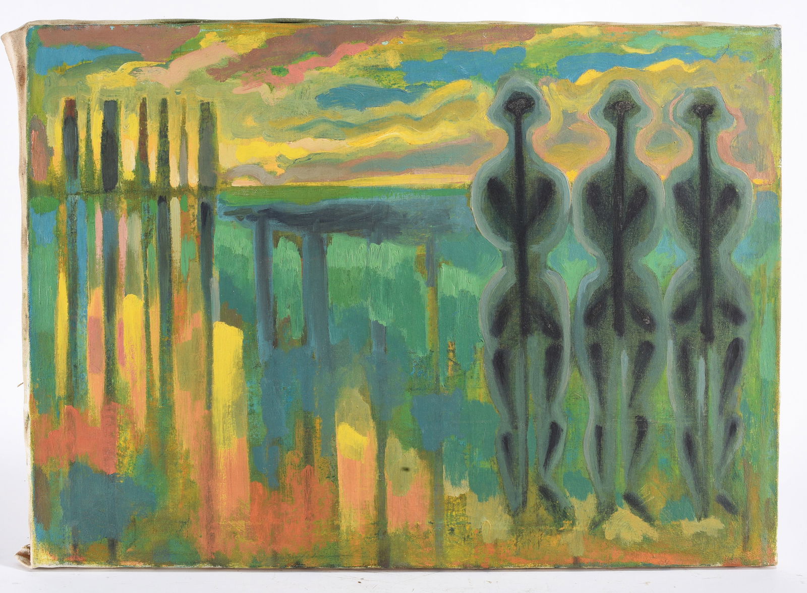 Ed Shewmake Mid Century Oil Painting on Canvas: Ed Shewmake Mid Century Oil Painting on Canvas Ed Shewmake (American, 1907–1986) was a Southern artist known for mid-century paintings and mixed-media works with surreal and visionary qualities.