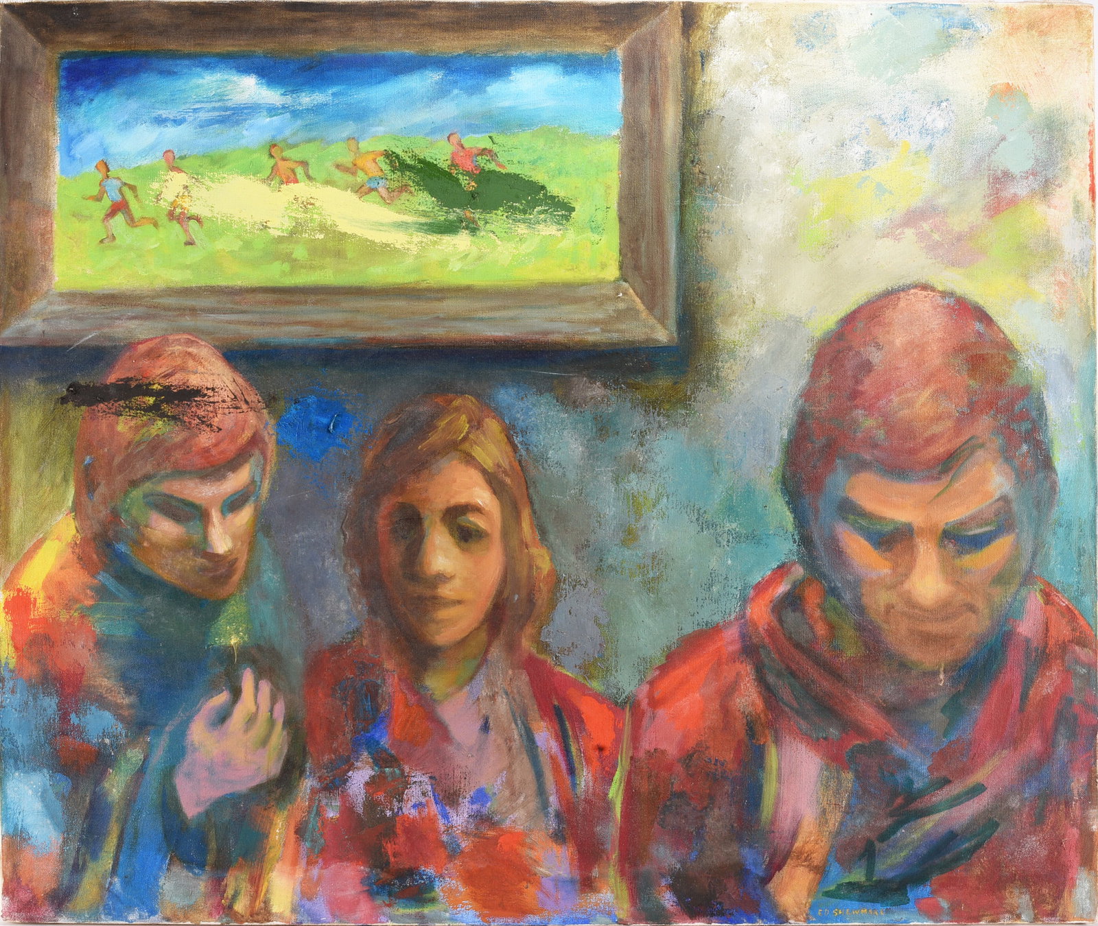 Ed Shewmake Mid Century Oil Painting on Canvas: Ed Shewmake Mid Century Oil Painting on Canvas Ed Shewmake (American, 1907–1986) was a Southern artist known for mid-century paintings and mixed-media works with surreal and visionary qualities.