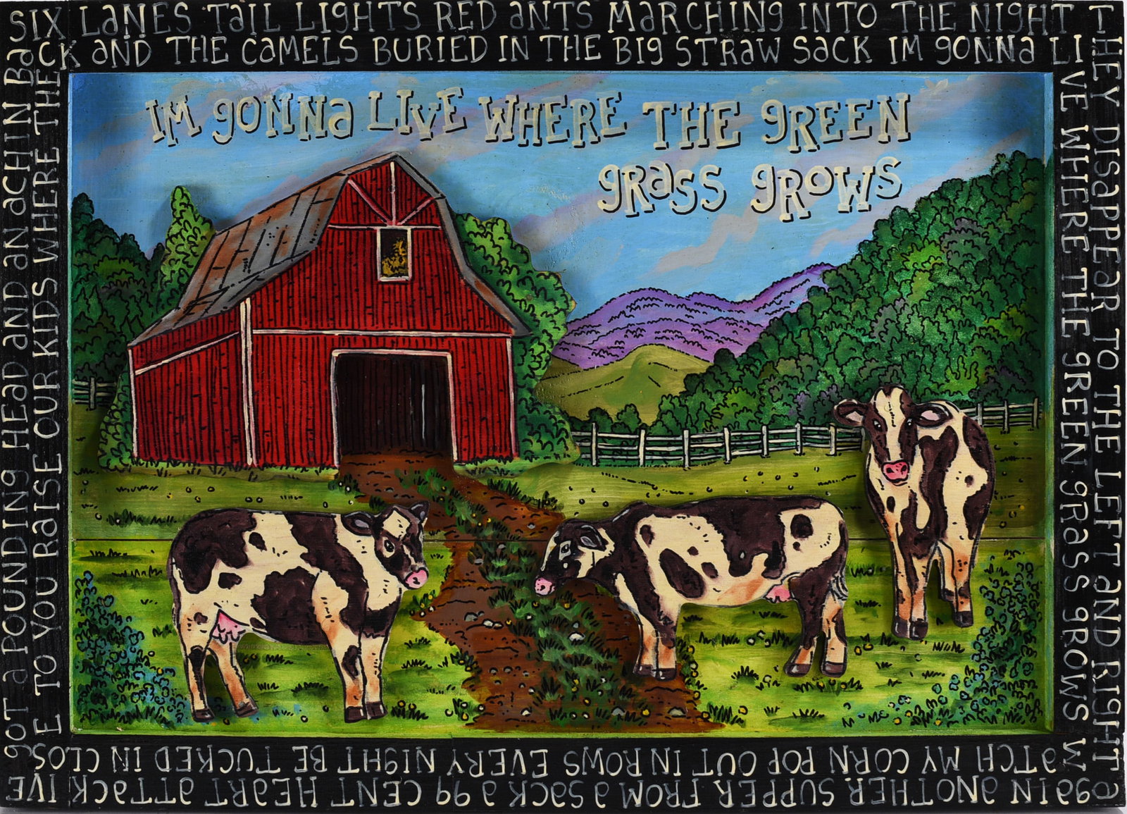 Eric Cunningham Folk Art Painting Collage: Eric Cunningham Folk Art Painting Collage Eric Cunningham (American, b. 1973, Appalachia, contemporary) is a self-taught artist known for colorful folk and collage works.