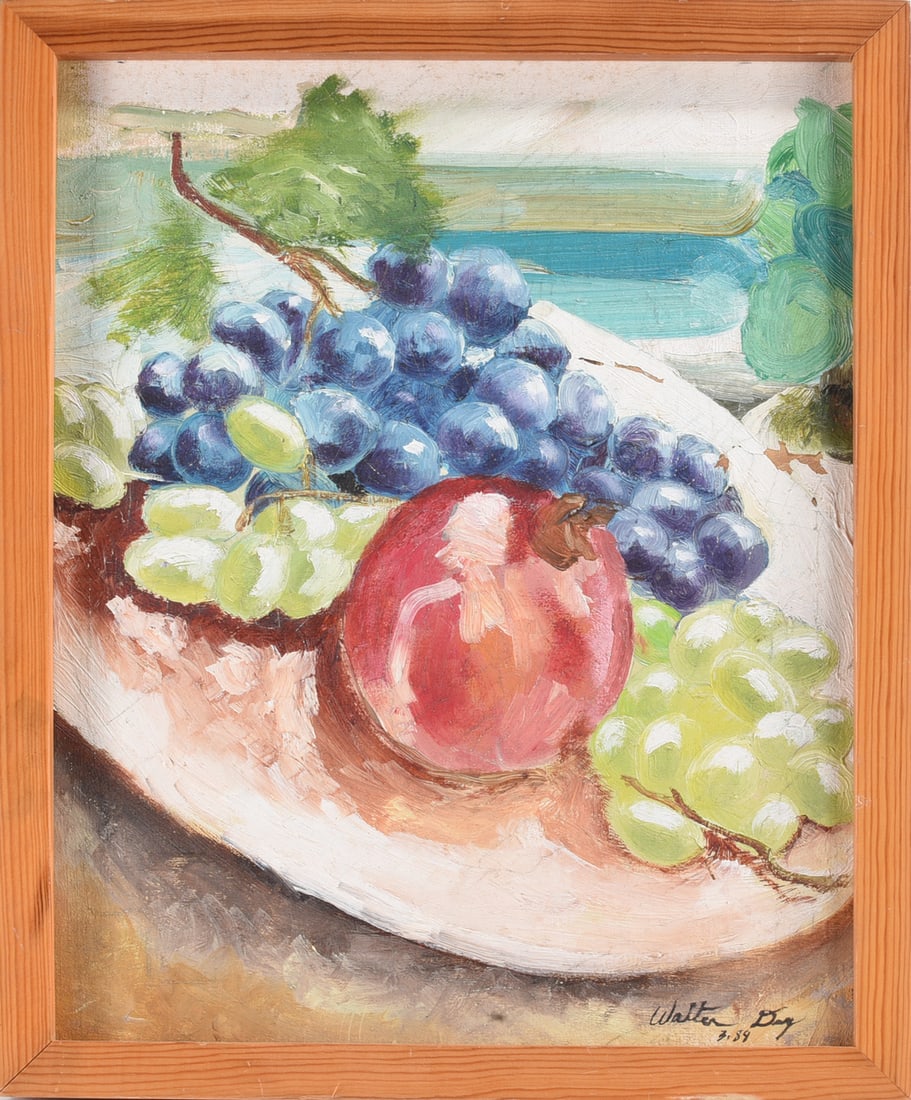 Walter Day Still Life Painting: Oil on board still life of grapes and fruit signed Walter Day, dated 1989, in wood frame.