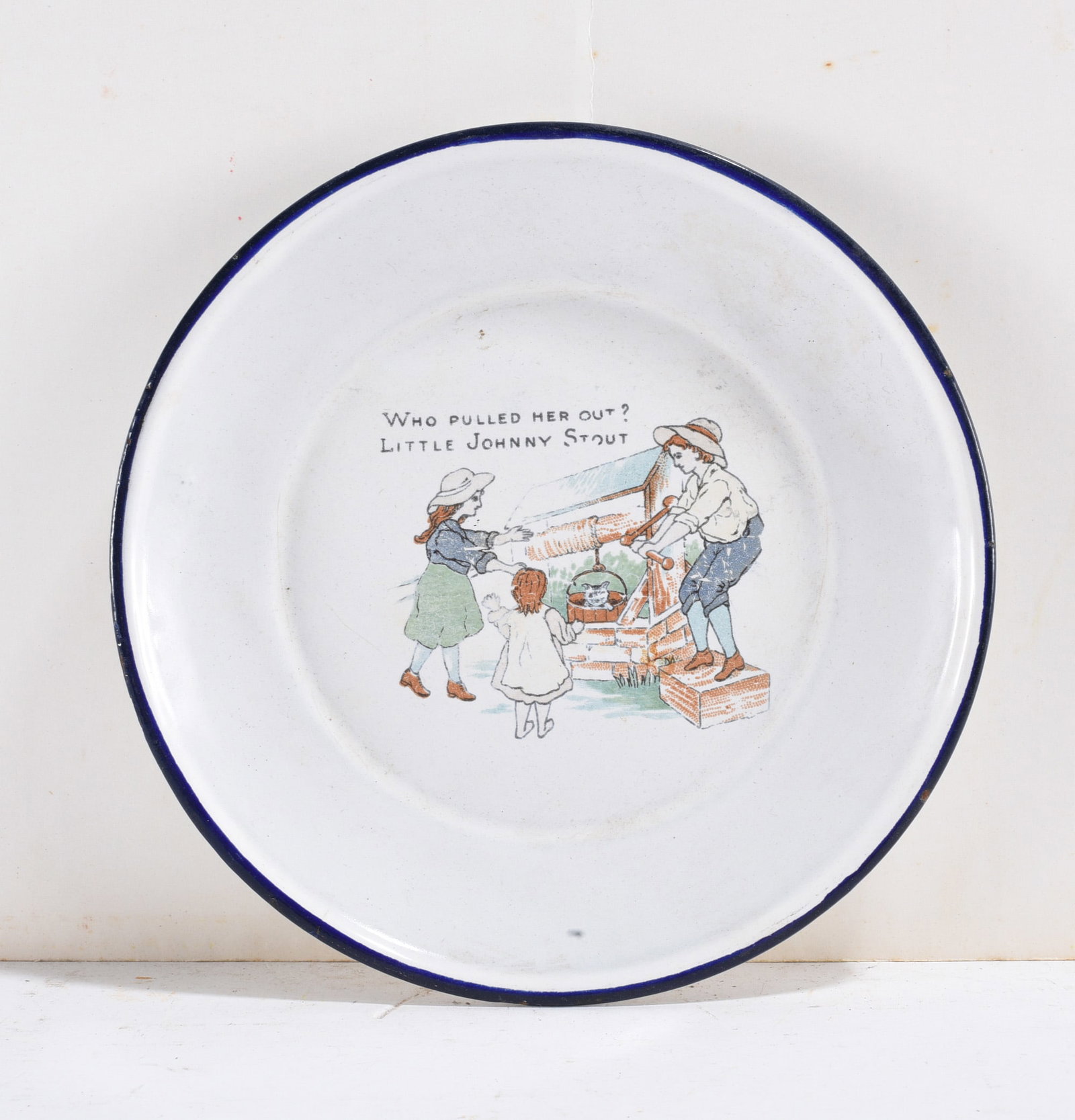 Child’s Nursery Rhyme Plate: Child’s plate with nursery rhyme illustration and text, enamelware with blue rim. We do offer in house shipping for items under 36" - boxes 10"x10"x10" we can ship for around $21 or less. - boxes 18