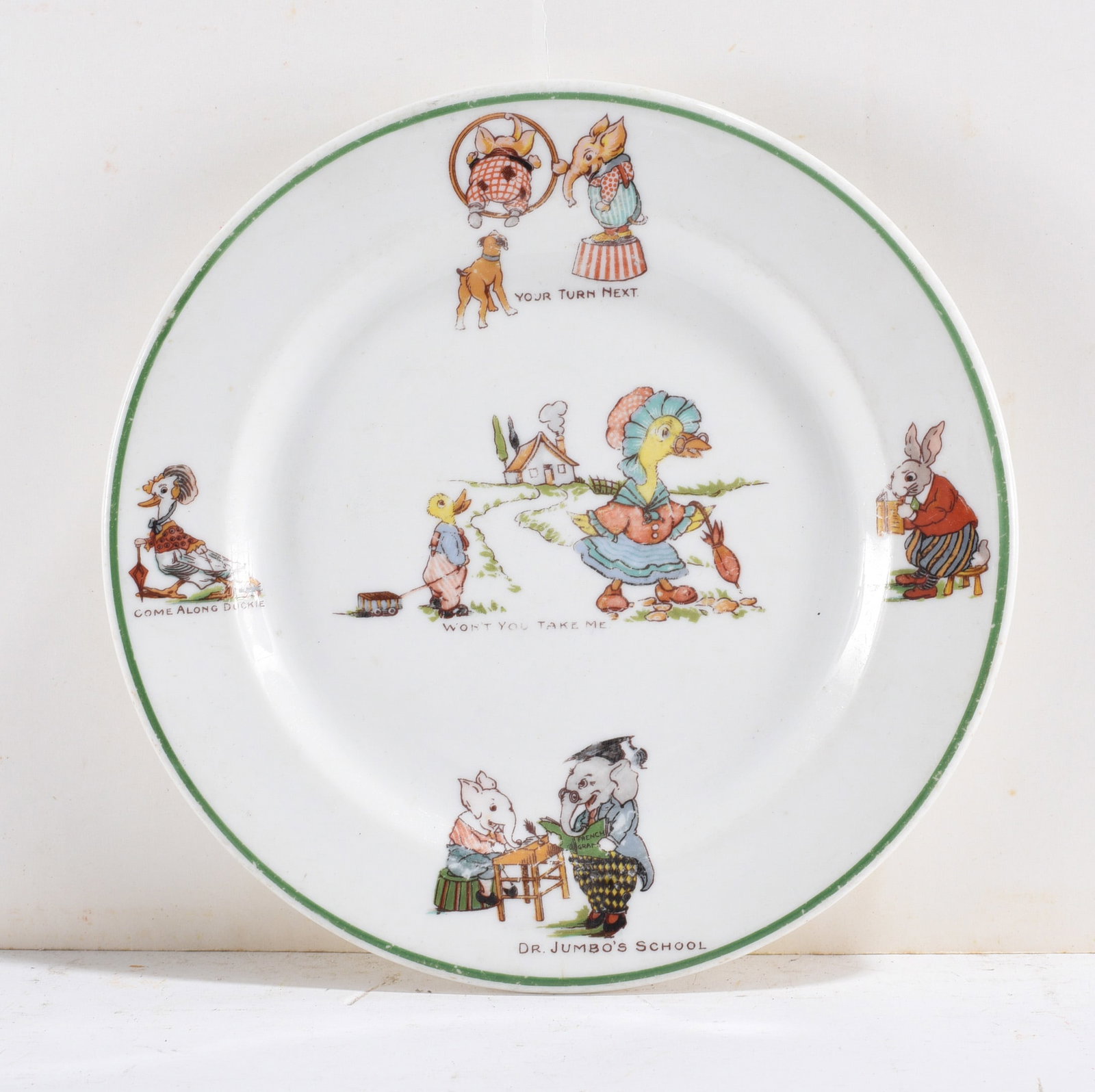 Child’s Animal Themed Plate: Child’s plate featuring animal illustrations and text “Dr. Jumbo’s School.” We do offer in house shipping for items under 36" - boxes 10"x10"x10" we can ship for around $21 or less. - boxe