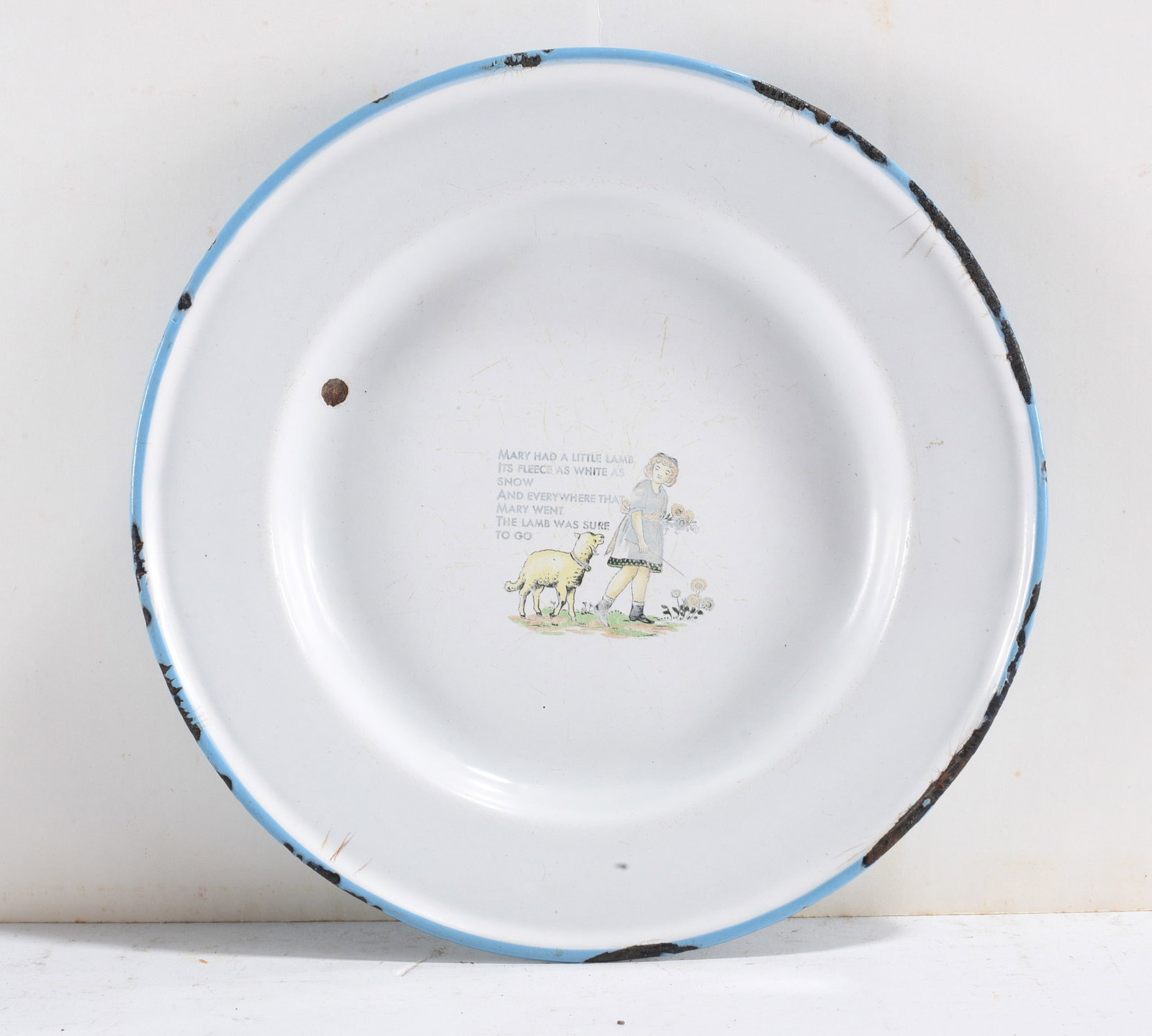 Child’s Nursery Rhyme Plate: Another enamelware nursery rhyme plate with Mary Had a Little Lamb illustration. We do offer in house shipping for items under 36" - boxes 10"x10"x10" we can ship for around $21 or less. - boxes 18x18