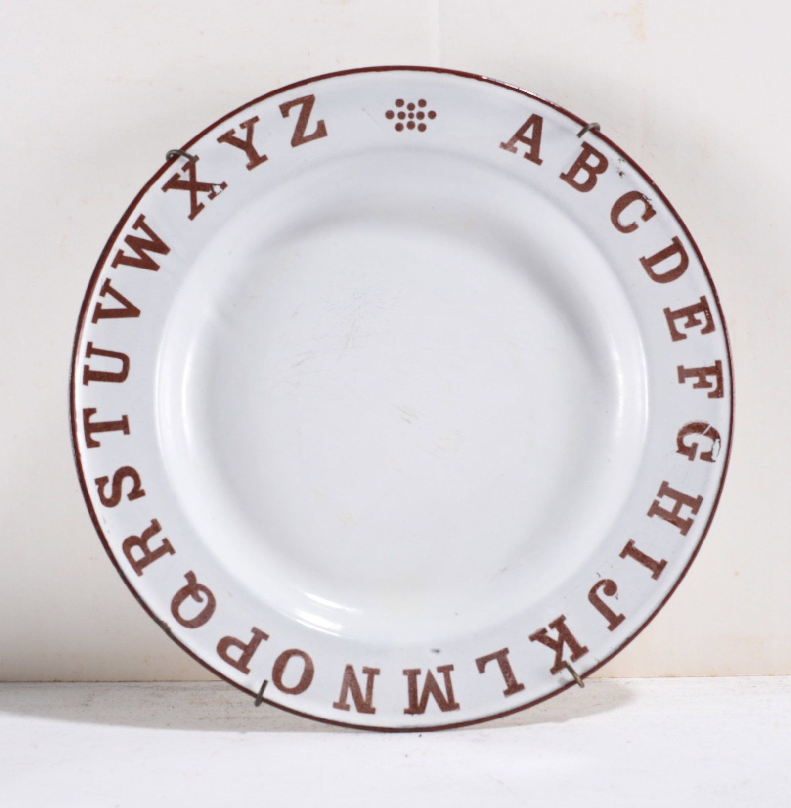 ABC Child’s Plate (Brown Lettering): White plate with brown alphabet rim.