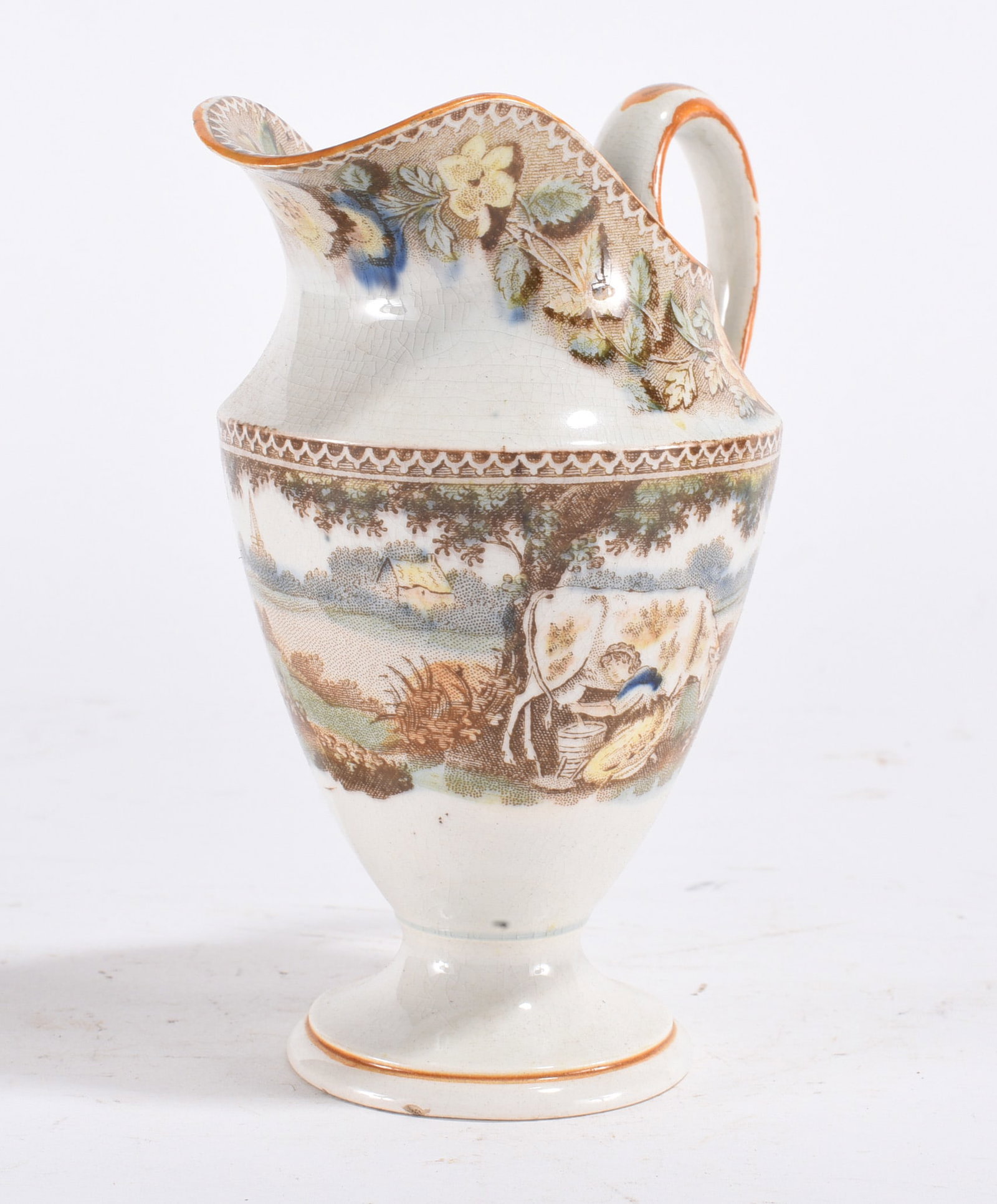 Transferware Pitcher w/ Pastoral Scene: 19th c. style transferware pitcher, pastoral cow scene, floral rim