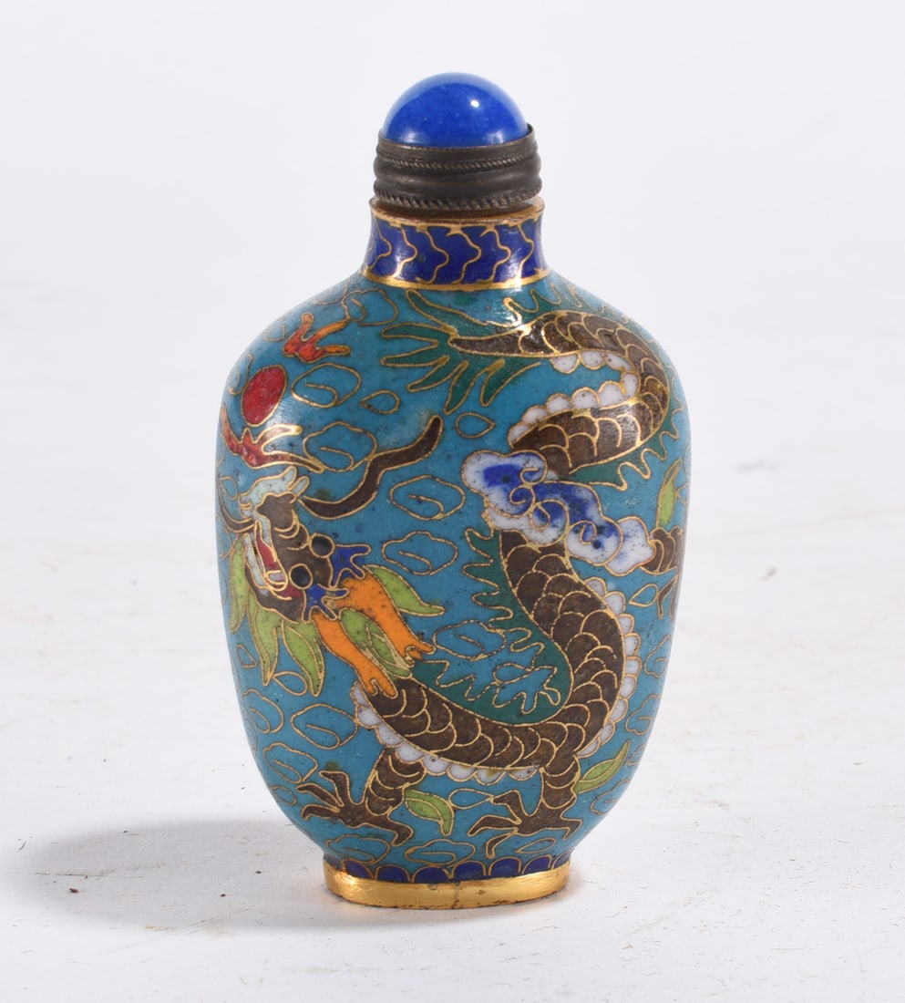 Cloisonné Snuff Bottle w/ Dragon: Blue ground cloisonné dragon decoration