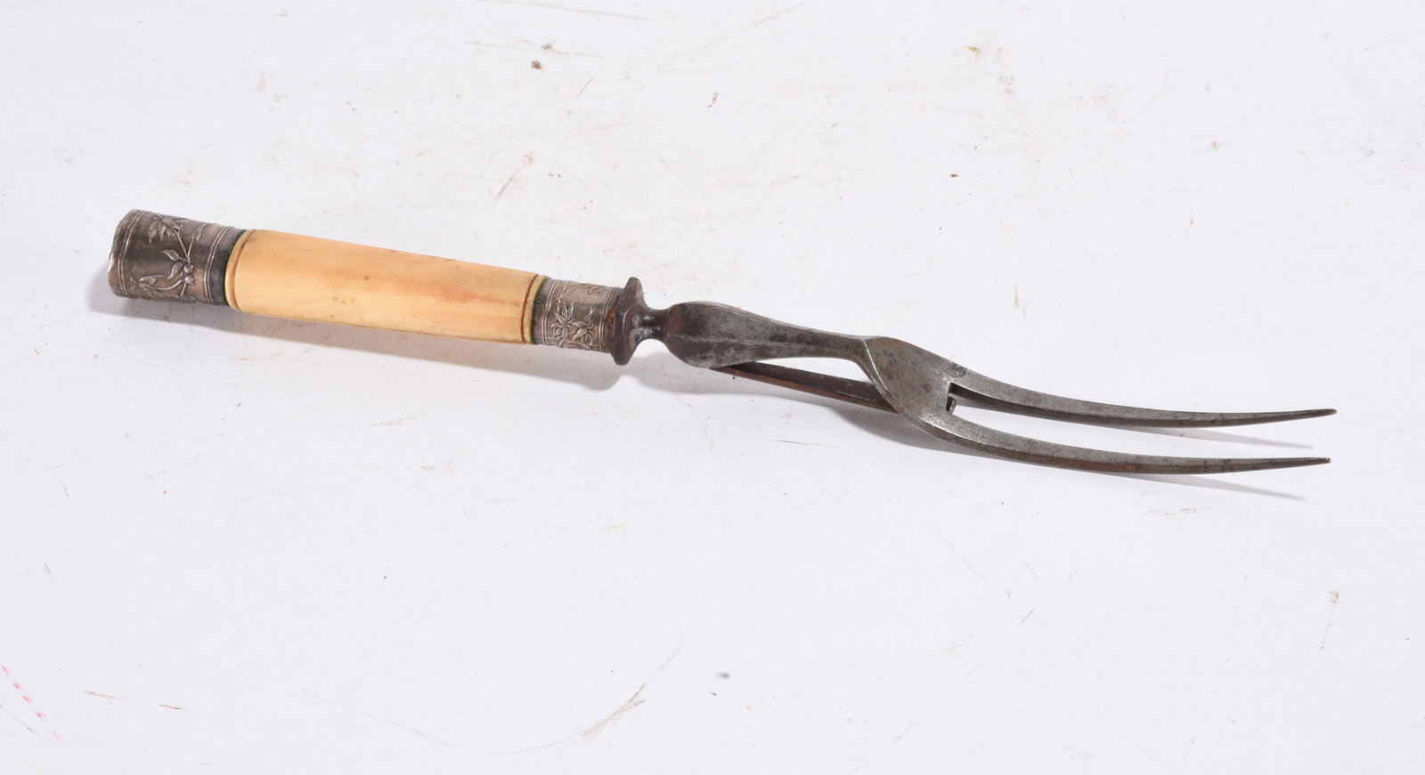 Antique Serving Fork: Carved handle with metal two-prong fork