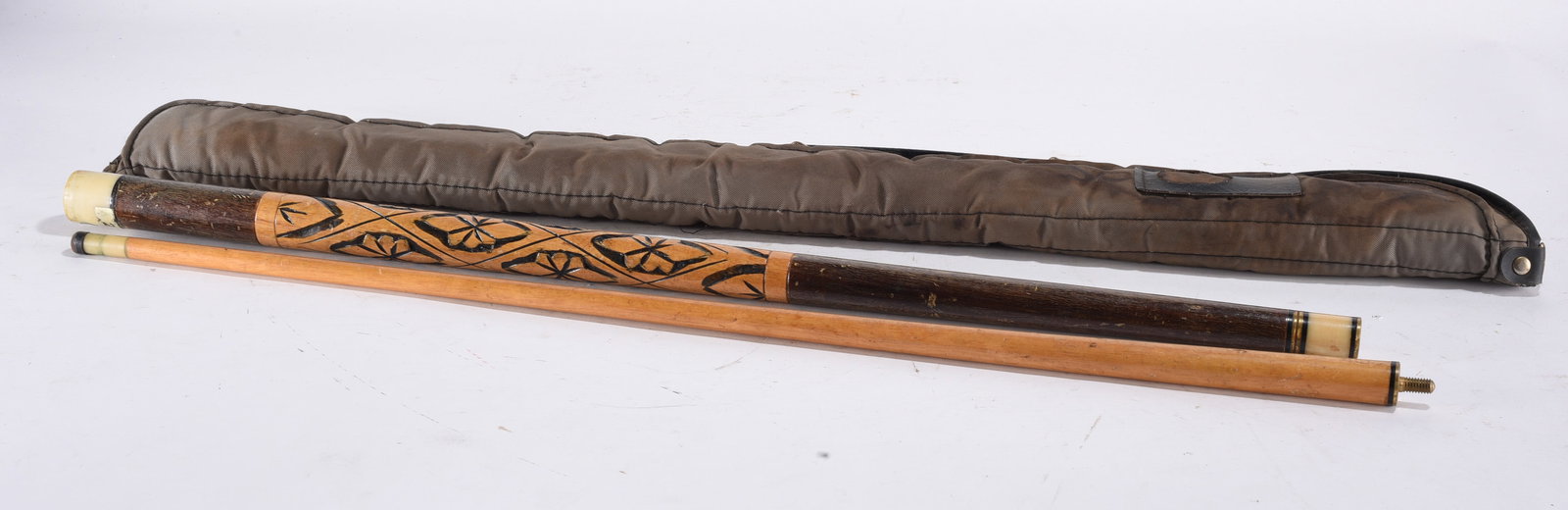 Folk Art Carved Decorative Pool Cue w/ Case: Folk Art Carved Decorative Pool Cue w/ Case