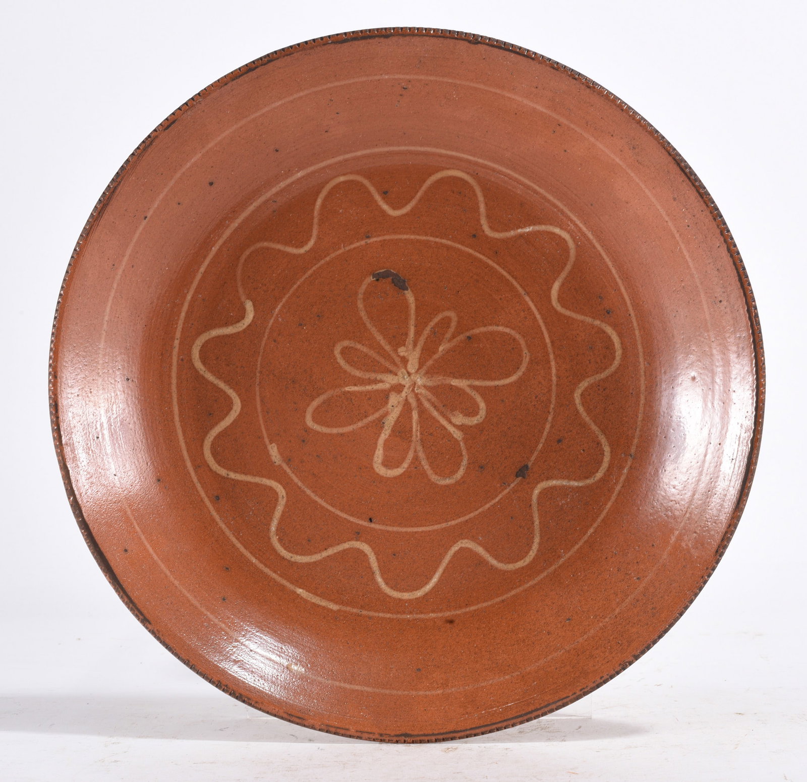 Slip Decorated Dirt Dish Signed: Slip Decorated Dirt Dish Signed