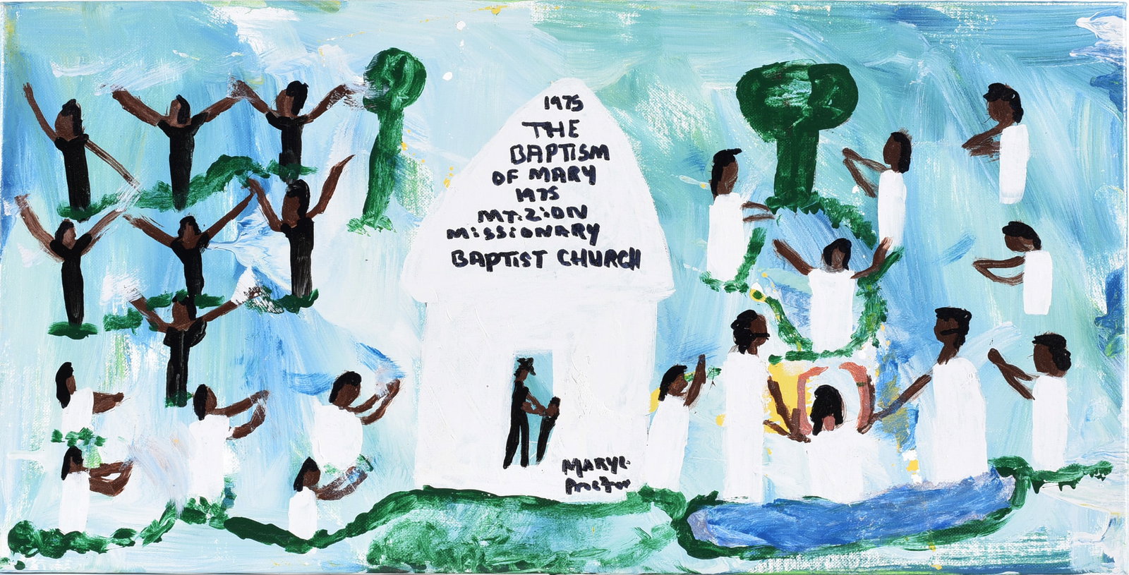 Mary Proctor Outsider Art Painting: The Baptism: 24"x12" - Mary Proctor Outsider Art Painting: The Baptism please see photos for condition. All items are in estate condition We do offer in house shipping for items under 36" boxes 10"x10"x10" we can