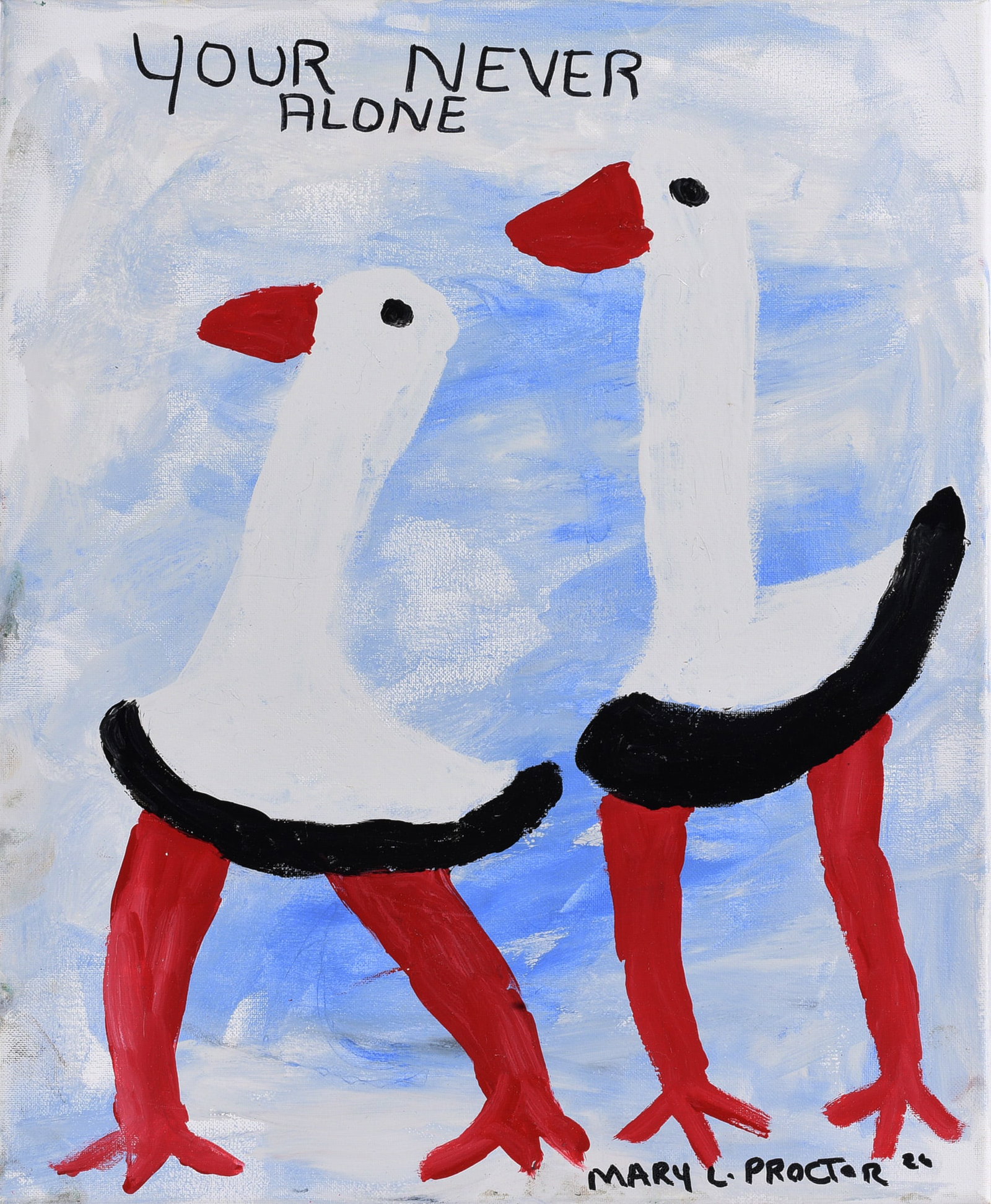 Mary Proctor Folk Art Painting: Never Alone: 16"x20" - Mary Proctor Folk Art Painting: Never Alone please see photos for condition. All items are in estate condition We do offer in house shipping for items under 36" boxes 10"x10"x10" we can ship