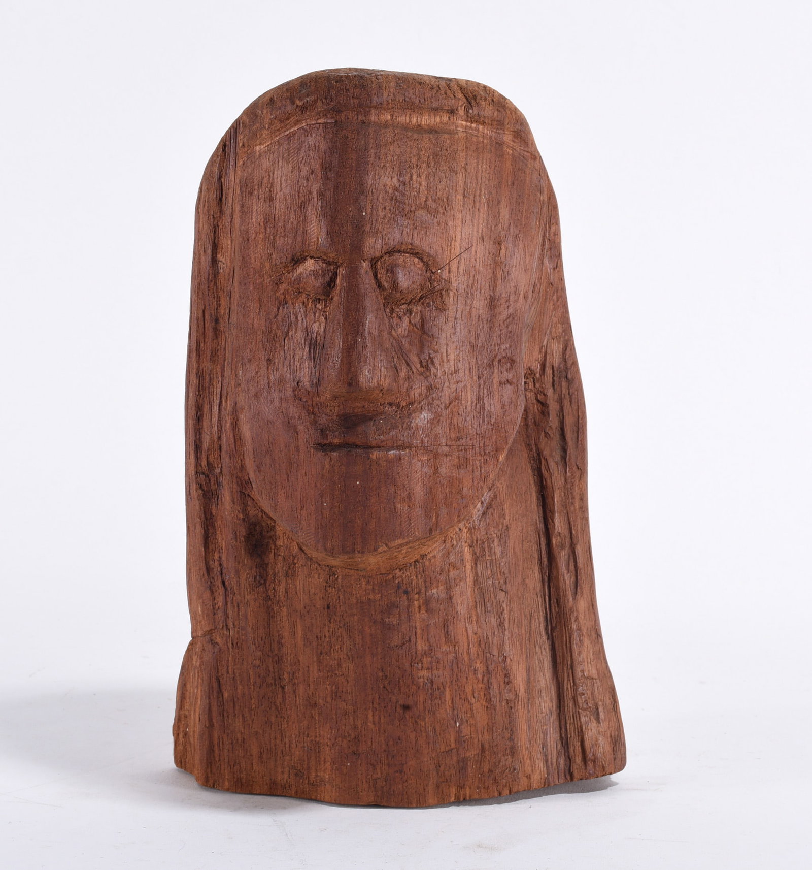 Folk Art Carved Wooden Head: 10" - ca. 1960 carved wooden head of what looks like a Native American. please see photos for condition. All items are in estate condition We do offer in house shipping for items under 36" boxes