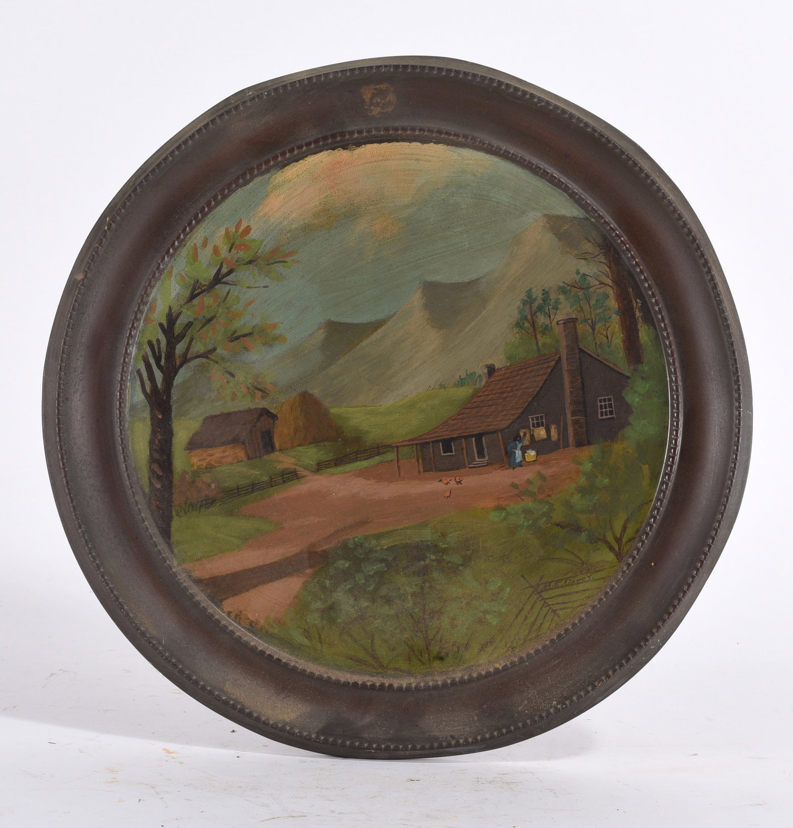 Signed Painting on Tin ca. 1900: 14"x14" - signed bottom right A.E. Gavey please see photos for condition. All items are in estate condition We do offer in house shipping for items under 36" boxes 10"x10"x10" we can ship for around $