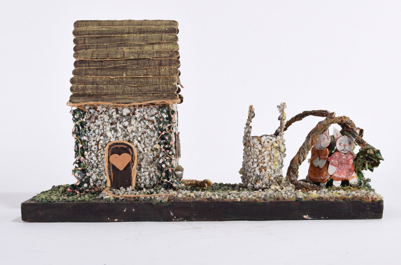 Clay Sculpture by Phylis Long: 9" - clay sculpture and other material. Ca. 1995. please see photos for condition. All items are in estate condition We do offer in house shipping for items under 36" boxes 10"x10"x10" we can