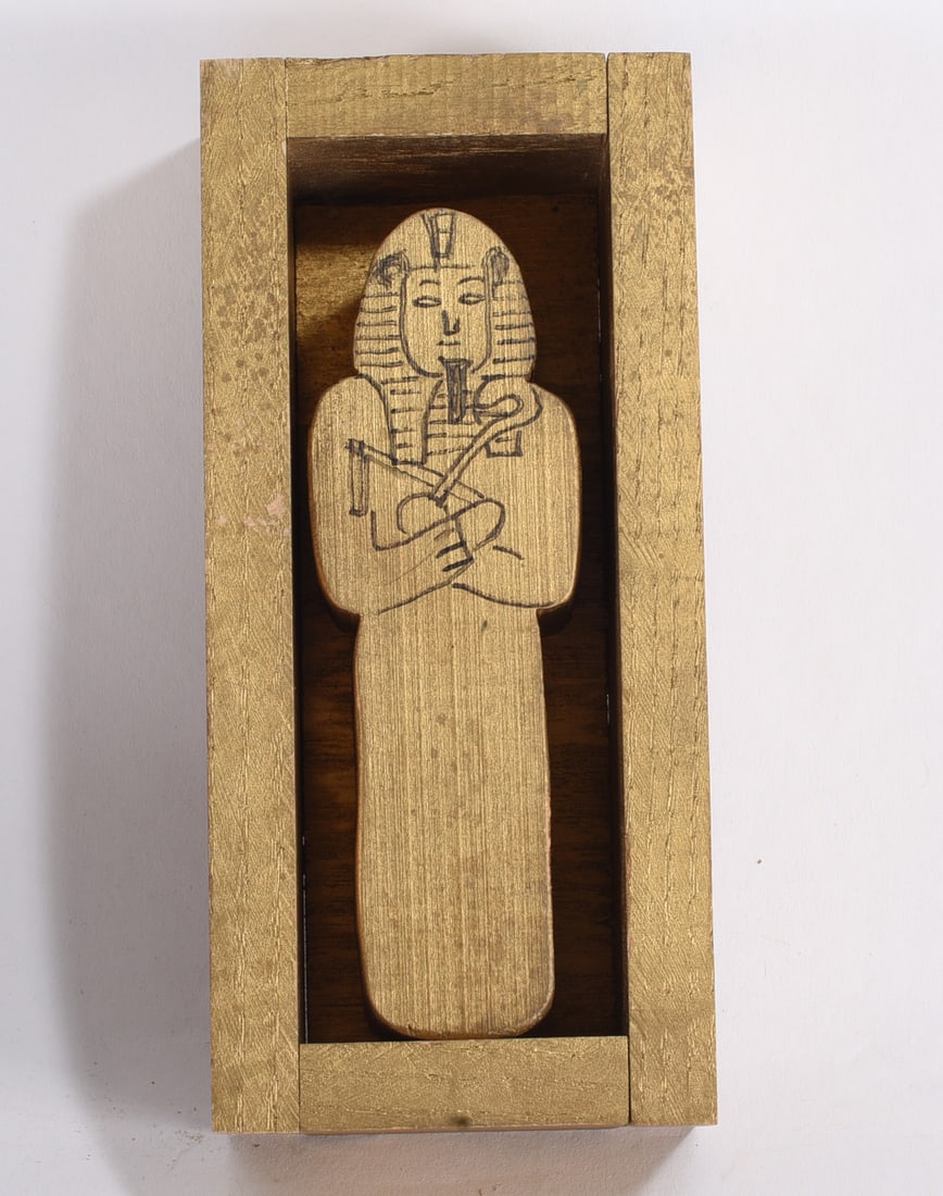 Wooden Egyption Mummy: 8" - cut wood and paint. please see photos for condition. All items are in estate condition We do offer in house shipping for items under 36" boxes 10"x10"x10" we can ship for around $21. boxes