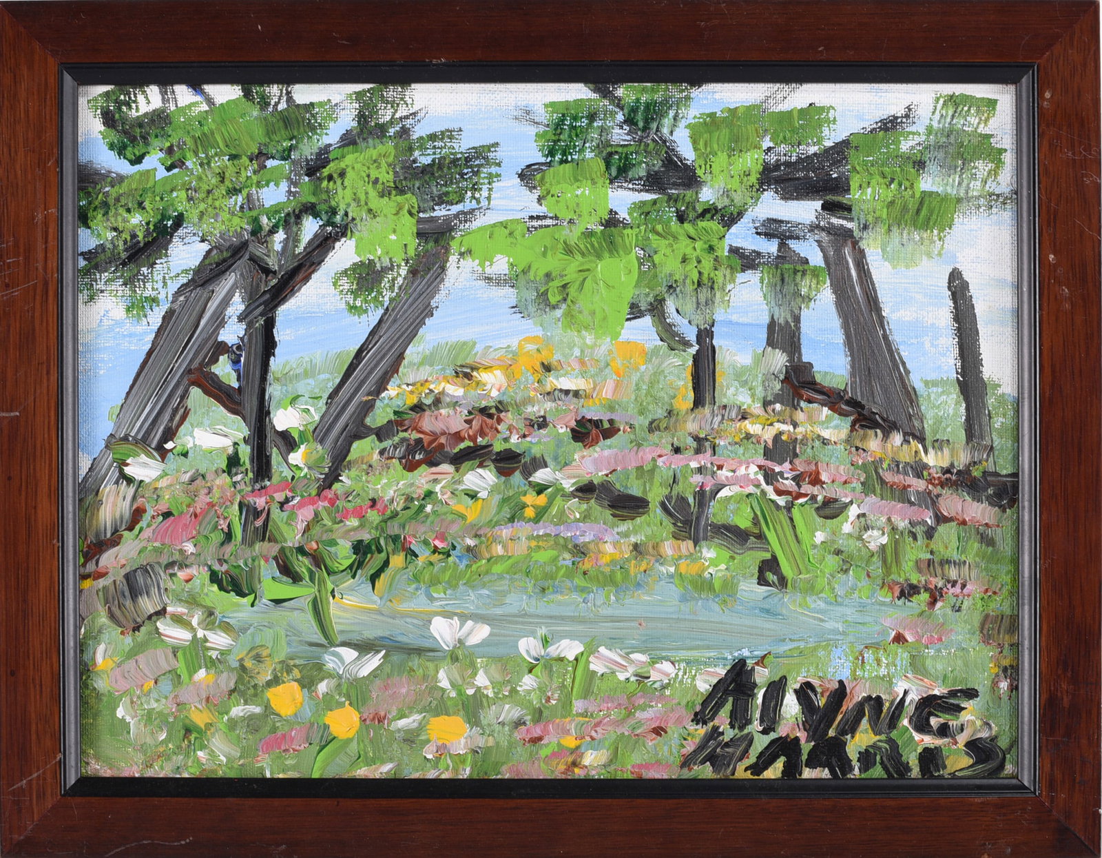 Alyne Harris Self Taught Art Painting: 14"x11" - paint on canvas. Signed. please see photos for condition. All items are in estate condition We do offer in house shipping for items under 36" boxes 10"x10"x10" we can ship for around $21. bo