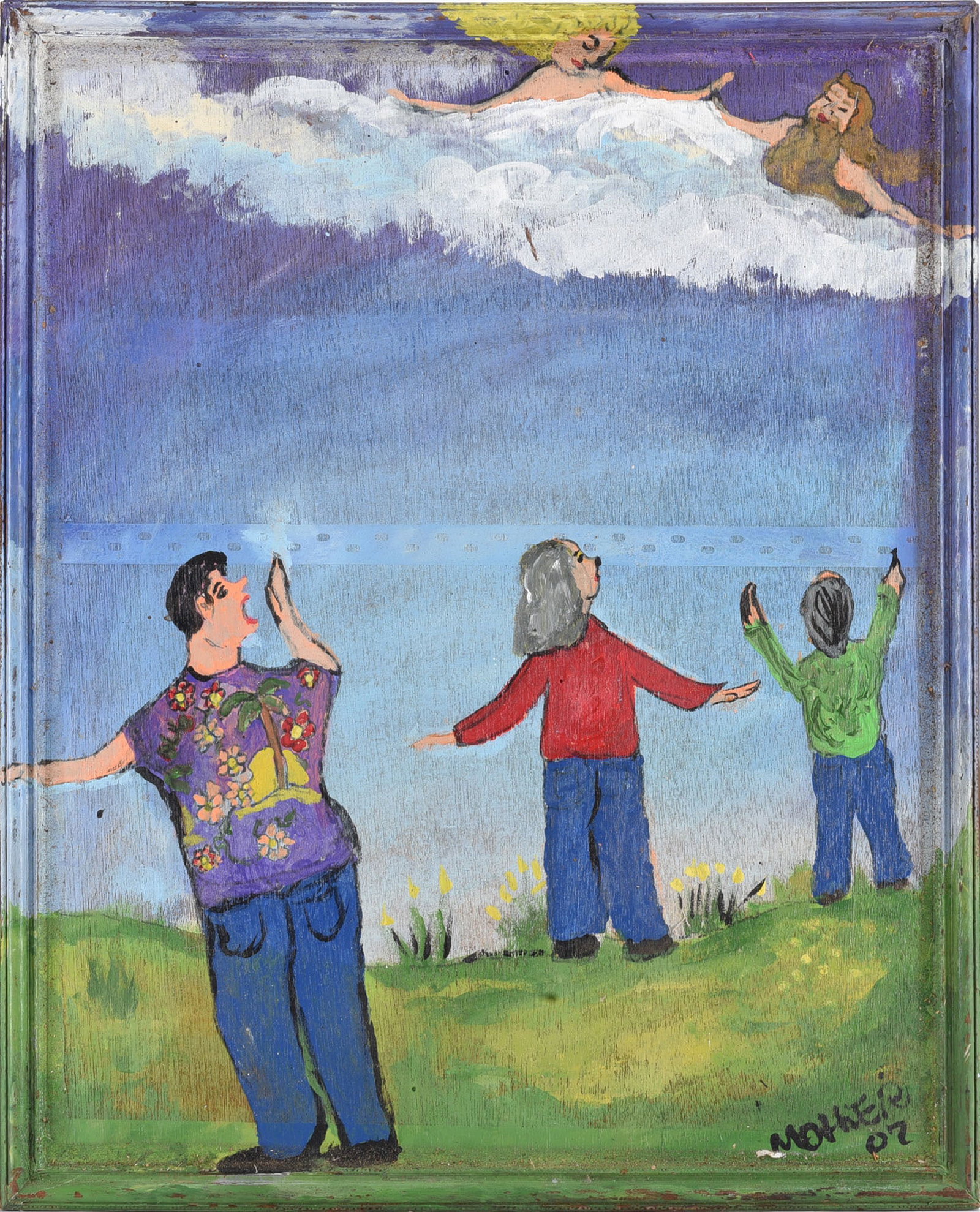 Colorful Folk Art Painting on Wood Board: 17"x21" - folk painting on wood board. please see photos for condition. All items are in estate condition We do offer in house shipping for items under 36" boxes 10"x10"x10" we can ship for around $21