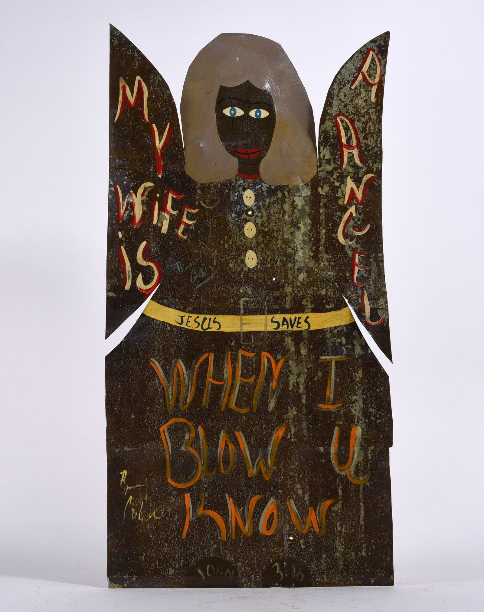 Benny Carter Environmental Tin Cut Out Angel: 14"x27" - When I Blow You Know, cut tin and paint. From Benny's Environment in Madison NC. please see photos for condition. All items are in estate condition We do offer in house shipping for items un