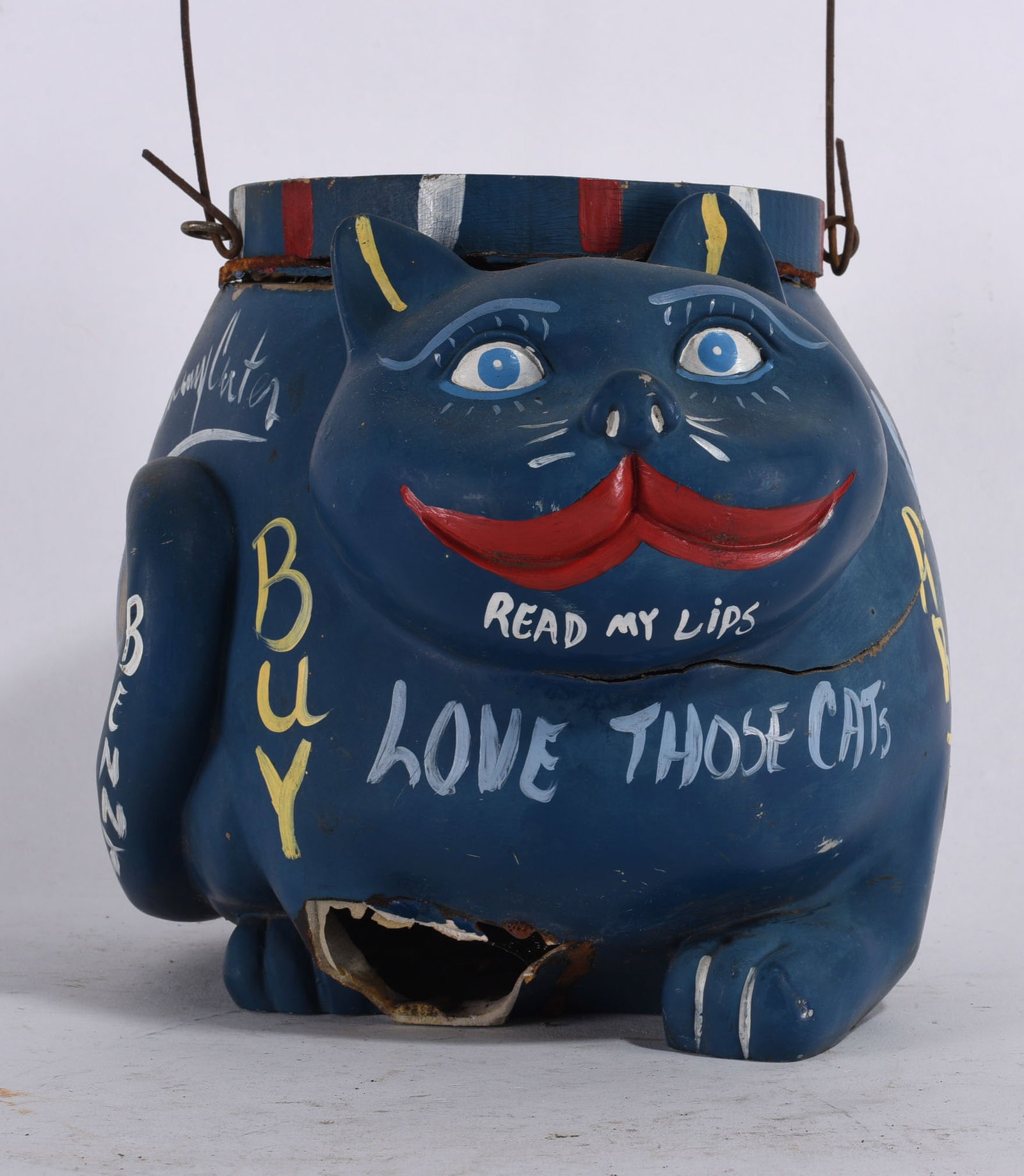 Benny Carter Painted Pottery Jar: 9" - pottery jar made into a bird house. Leg broken. please see photos for condition. All items are in estate condition We do offer in house shipping for items under 36" boxes 10"x10"x10" we can ship