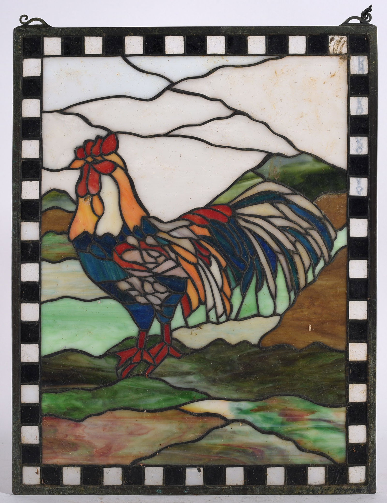 Stain Glass Rooster: 18"x23"- stain glass rooster. please see photos for condition. All items are in estate condition We do offer in house shipping for items under 36" boxes 10"x10"x10" we can ship for around $21. boxes 1