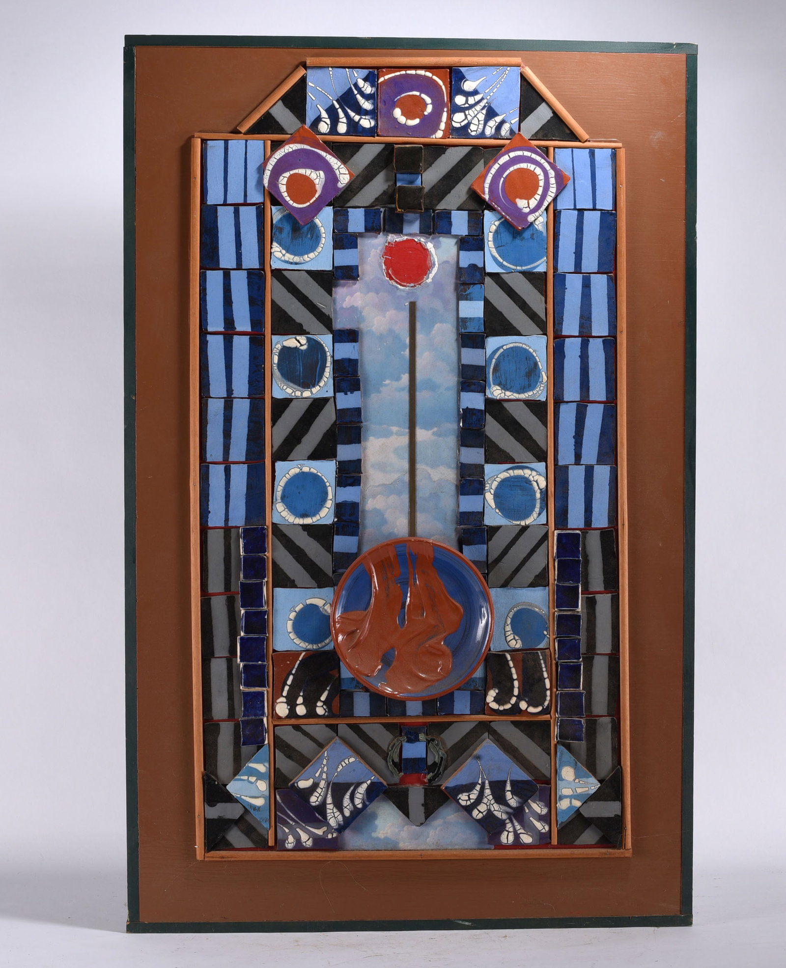 Roy Hornbey Tile Art Piece: 24"x38" - labled on back. Mixed media collage. please see photos for condition. All items are in estate condition We do offer in house shipping for items under 36" boxes 10"x10"x10" we can ship for ar